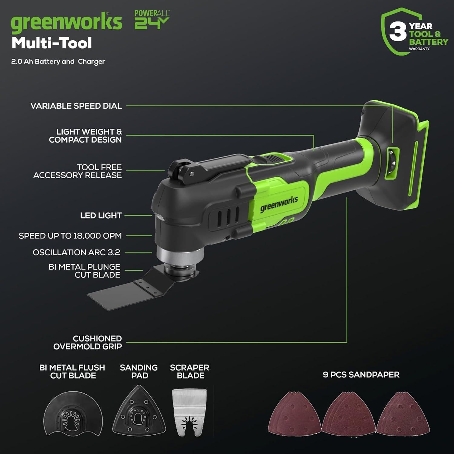 Herramienta Multiuso Inalámbrica Greenworks 24V 2.0Ah con 13 Accesorios