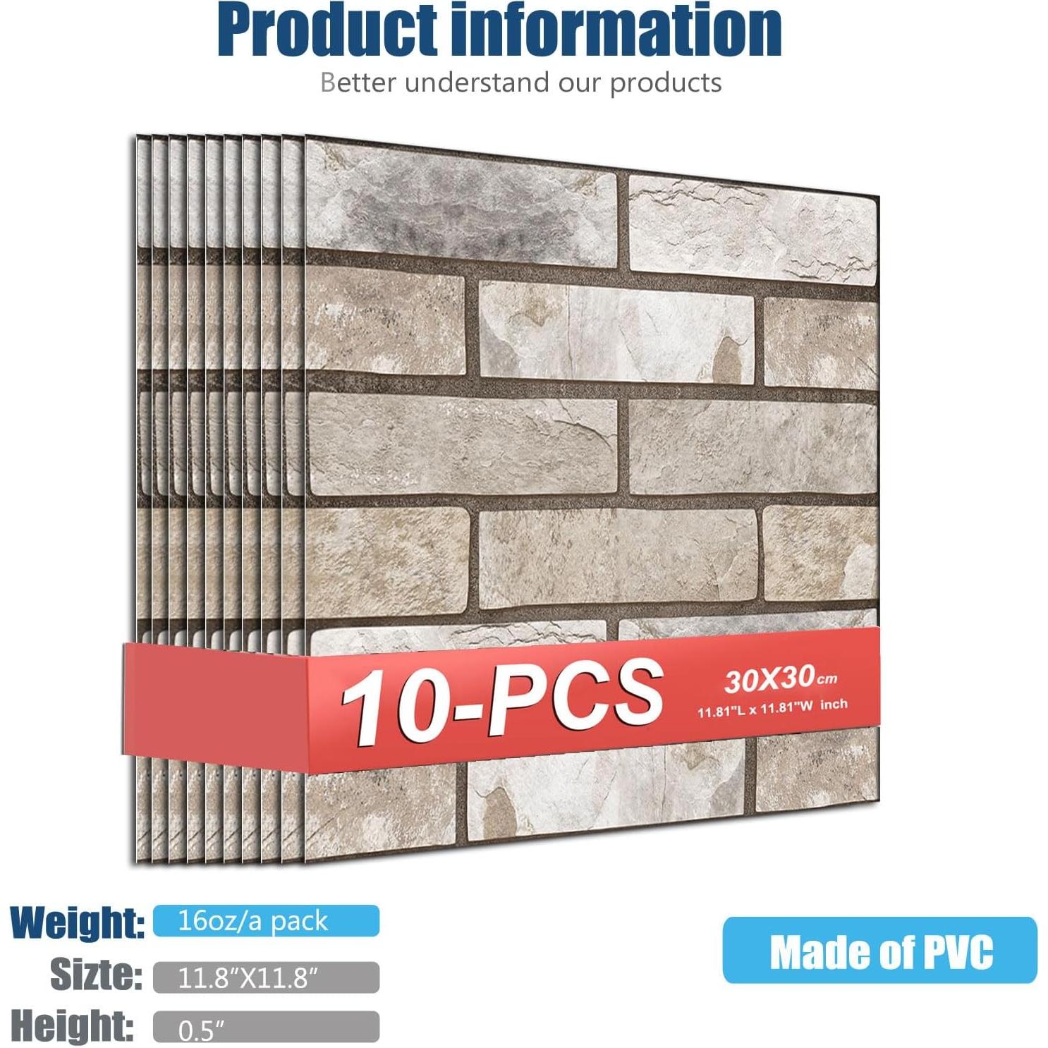 Paneles de Pared 3D Autoadhesivos szgwtk Ladrillo Gris 10 Piezas 30x30cm