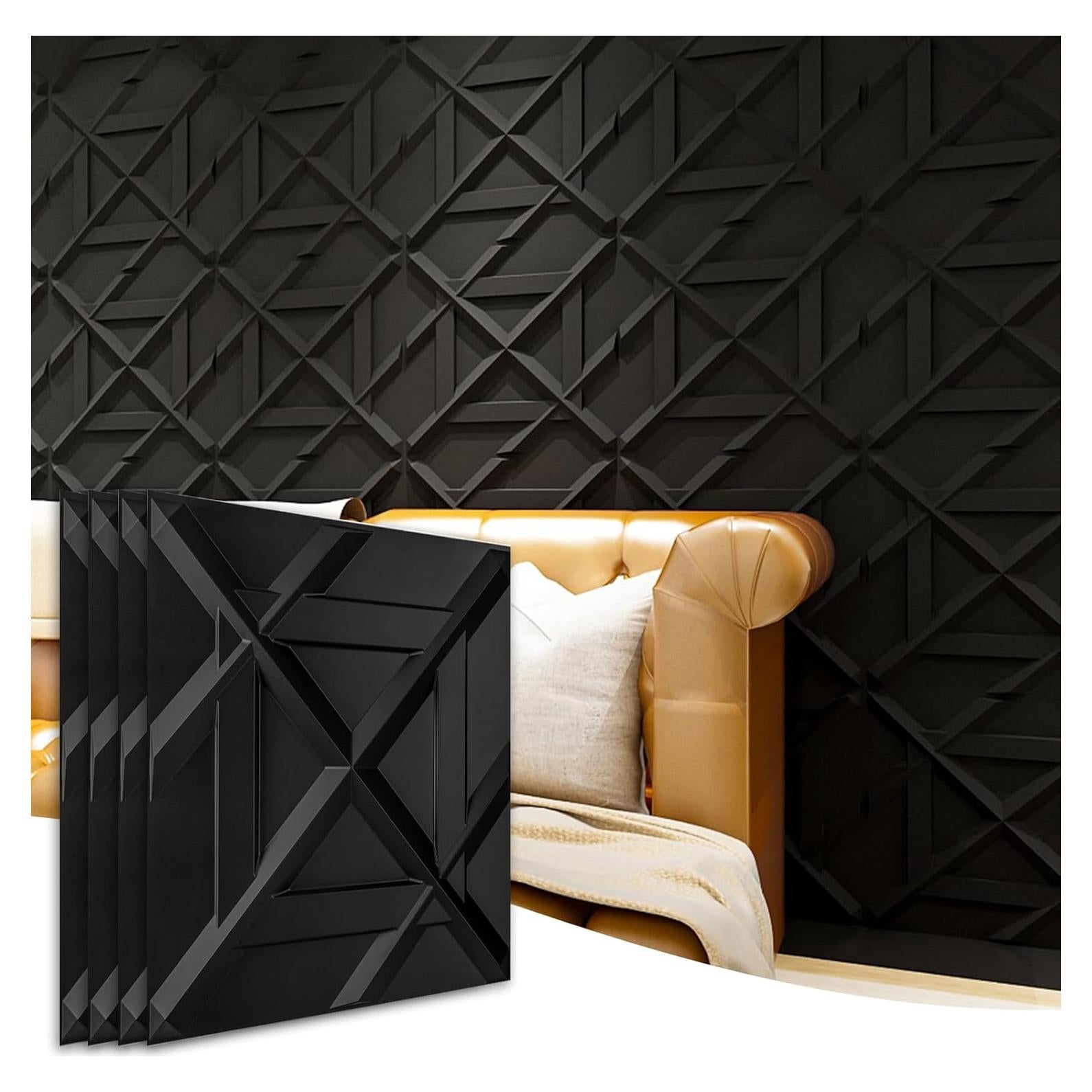 Panel de Pared 3D PVC Art3d Negro 50x50 cm Paquete de 12