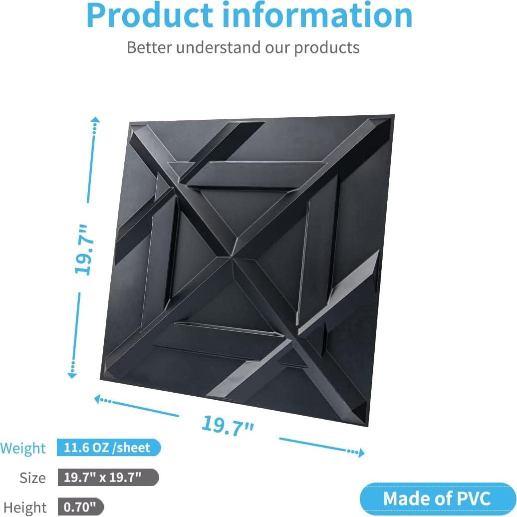 Panel de Pared 3D PVC Art3d Negro 50x50 cm Paquete de 12