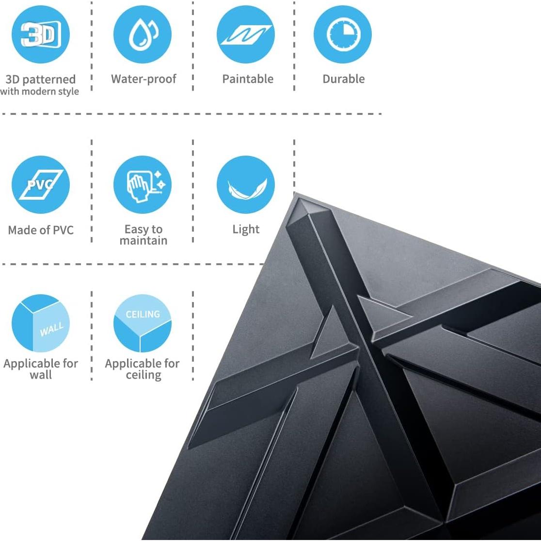 Panel de Pared 3D PVC Art3d Negro 50x50 cm Paquete de 12