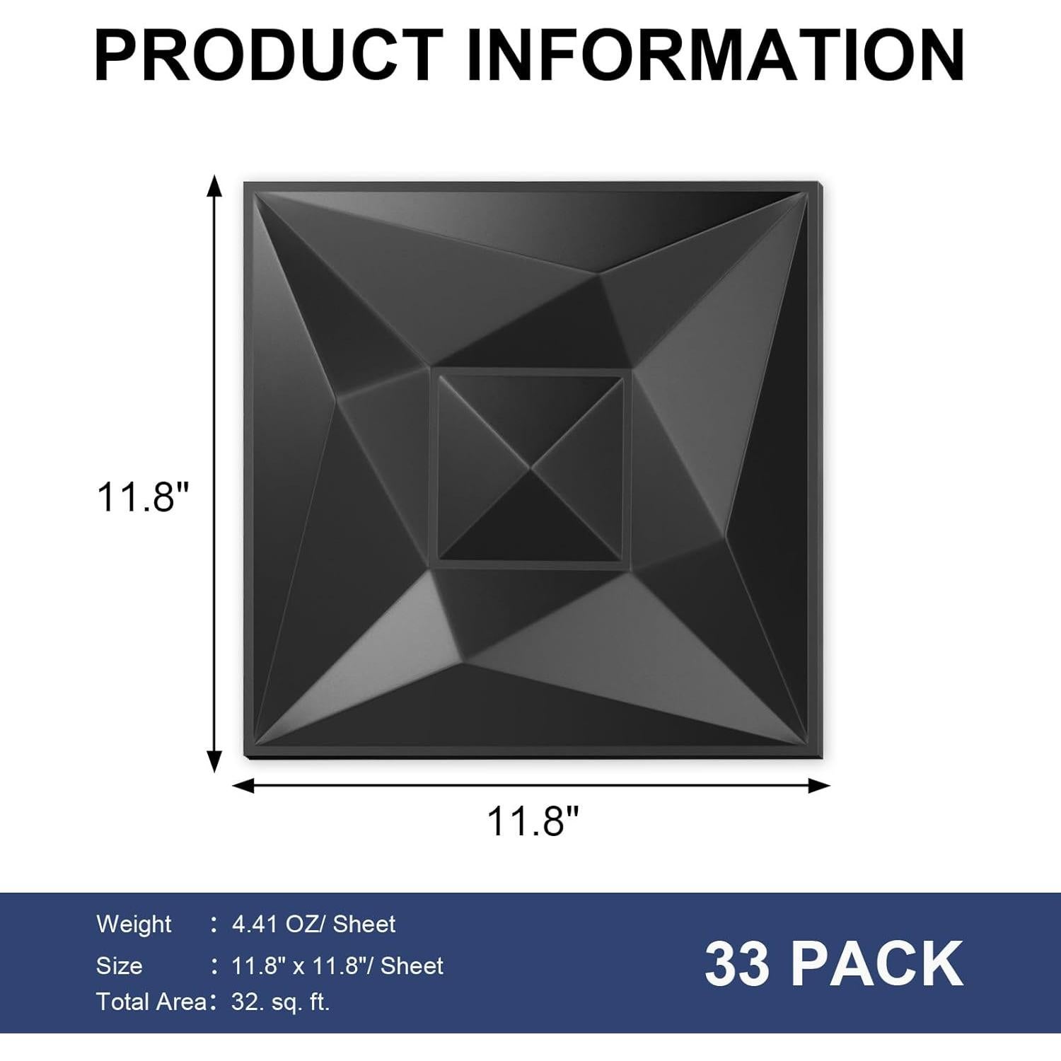 Paneles de Pared 3D Greymond PVC Negro - 33 Azulejos 30x30 cm