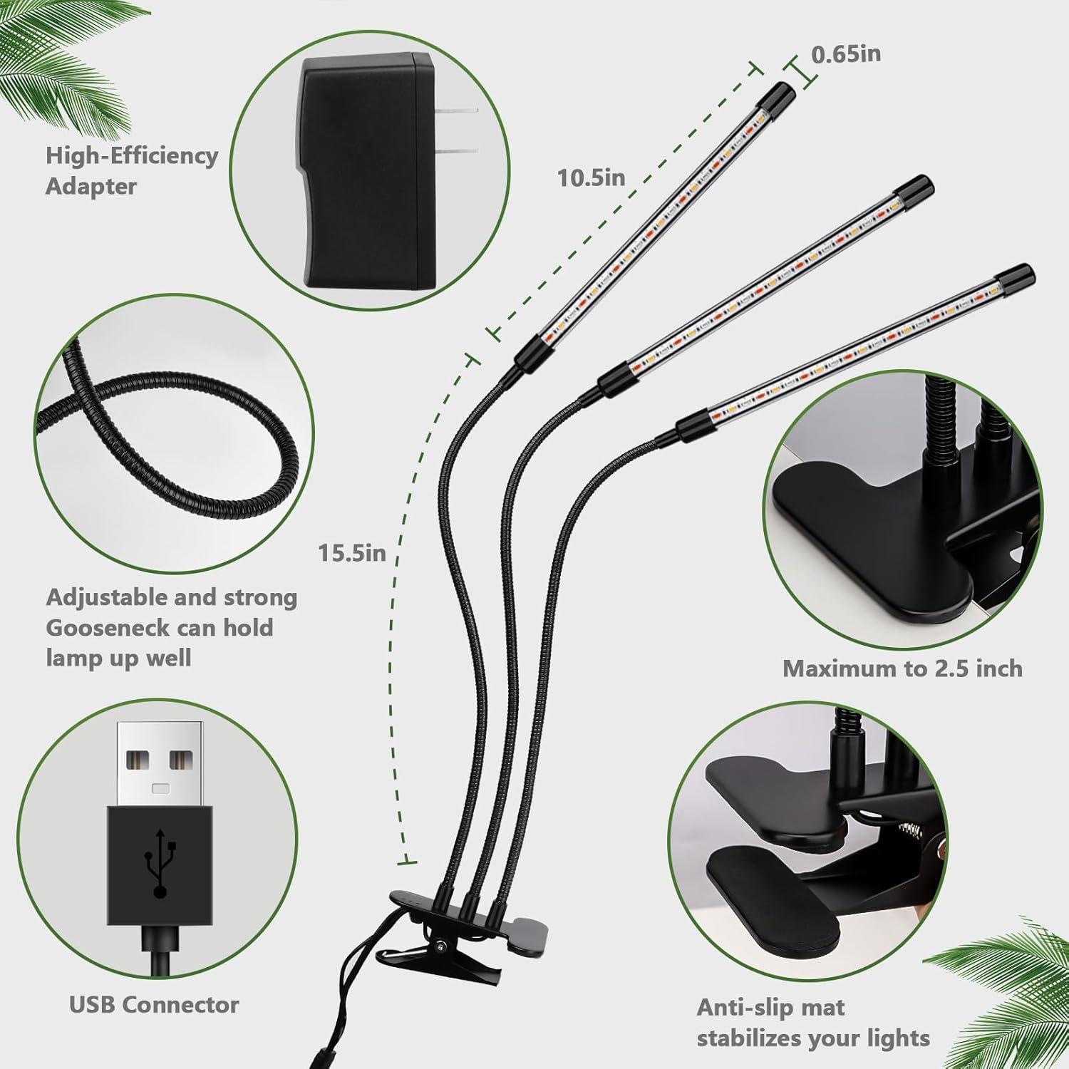 Luz de Cultivo LED Zyzykeji 3 Cabezas Espectro Completo 40cm