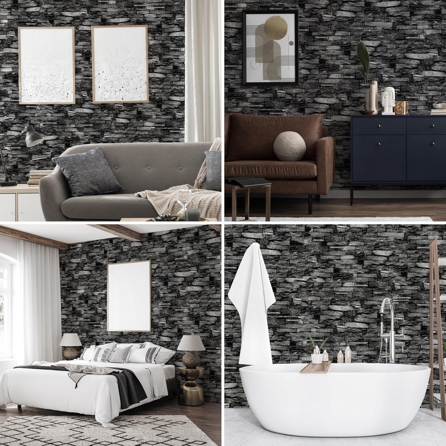 Paquete de 10 Paneles de Pared 3D CvoMep Piedra Negra 34.8x38.4 cm