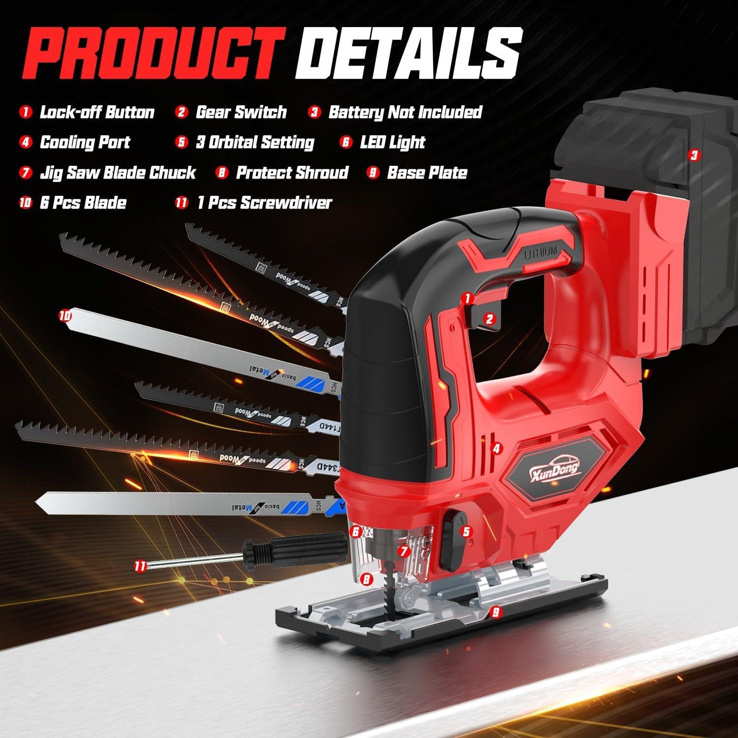 Sierra de calar inalámbrica XunDong 18V 2900RPM con luz LED