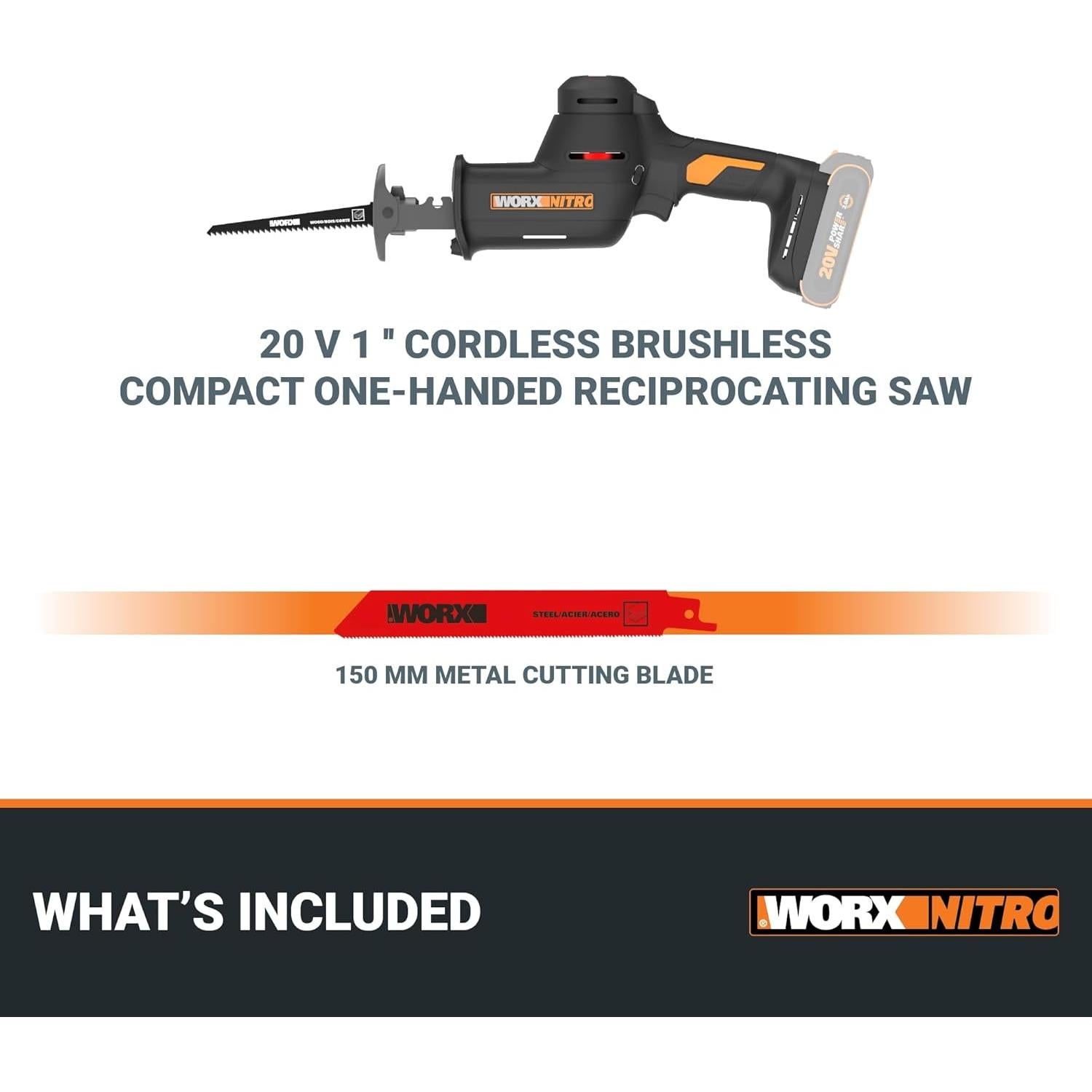 Sierra Recíproca Inalámbrica WORX 20V, 1" Carrera, 2.27 kg