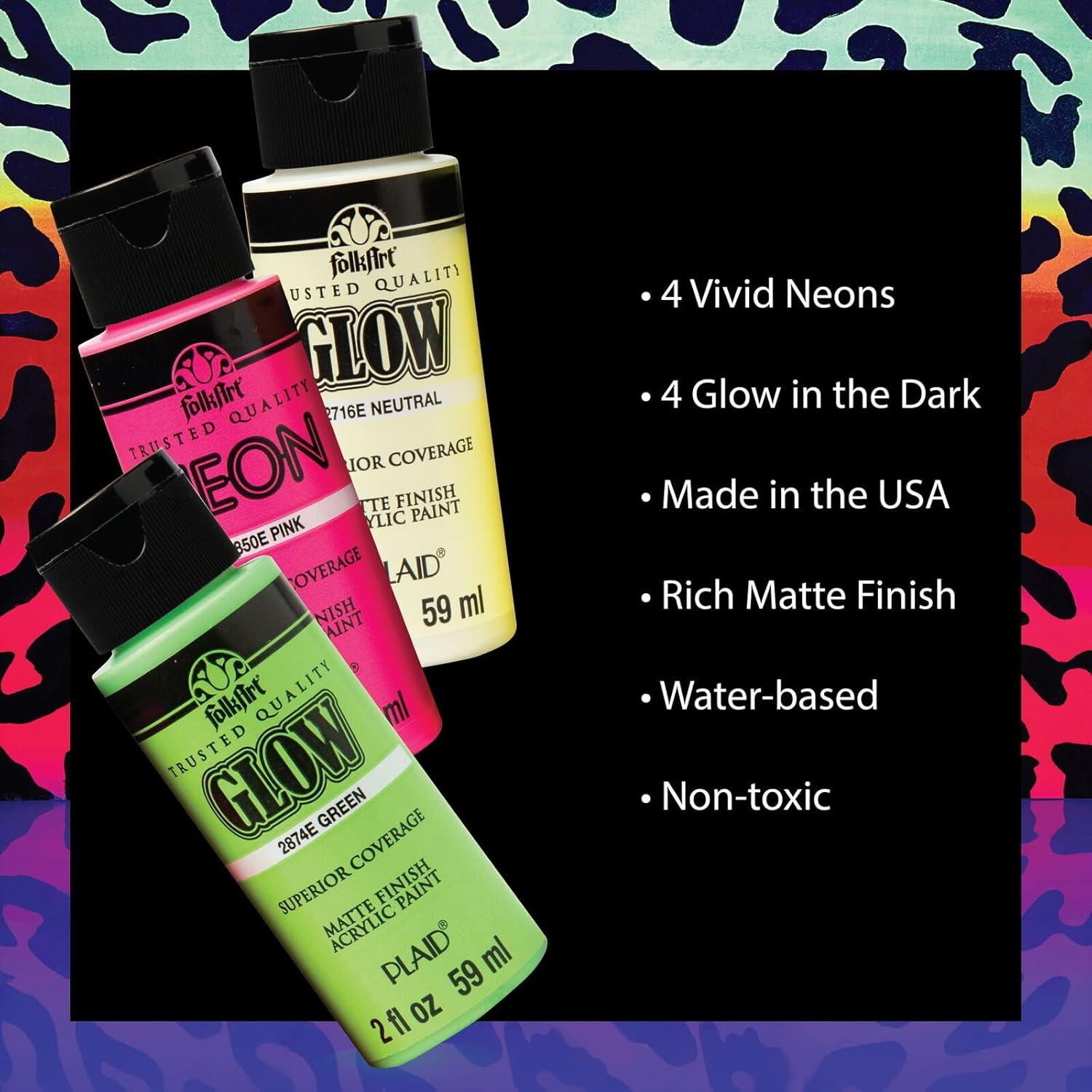 Set de Pintura Acrílica FolkArt Neón y Brilla en la Oscuridad 8 Colores 59 ml