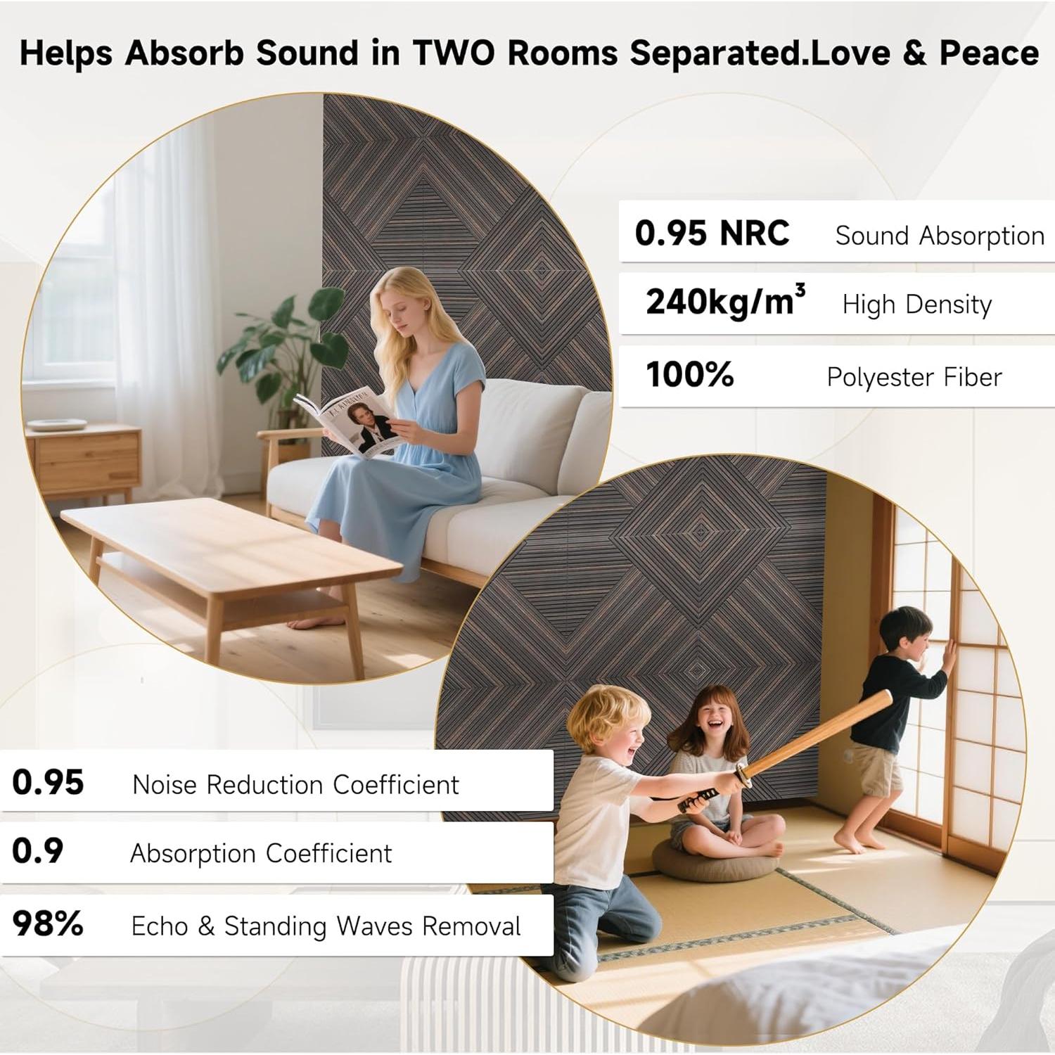 Paneles Acústicos Autoadhesivos 3D Nogal Rústico - Paquete de 6