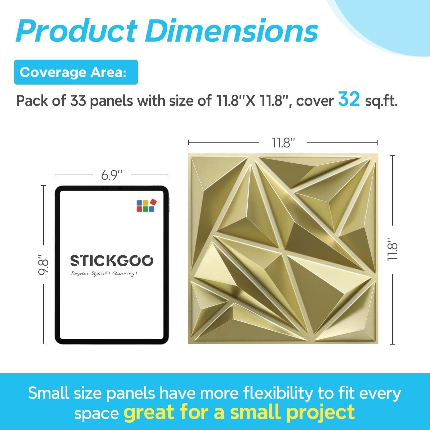 Paneles de Pared 3D STICKGOO Oro Champán 33 Piezas 30.48cm