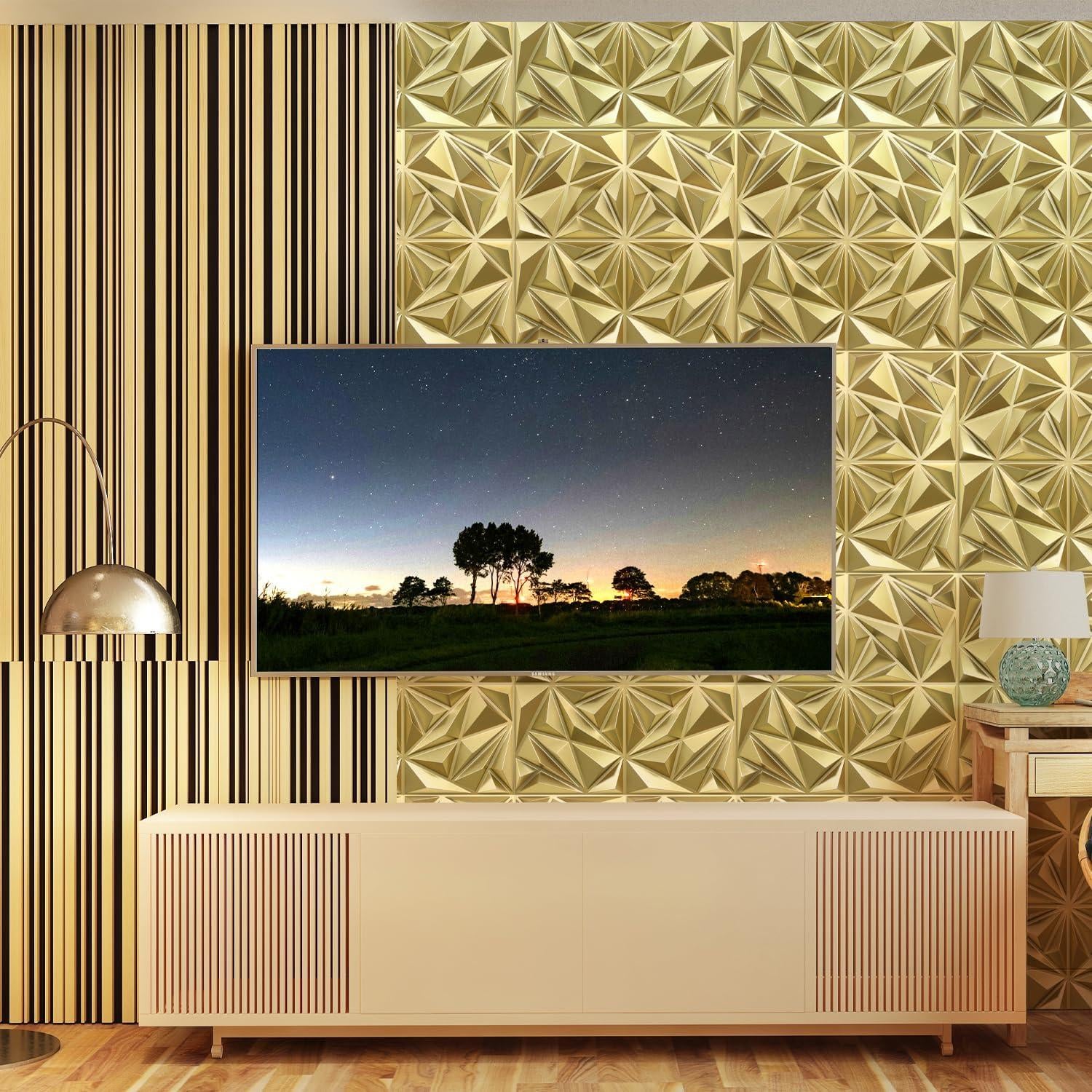 Paneles de Pared 3D STICKGOO Oro Champán 33 Piezas 30.48cm