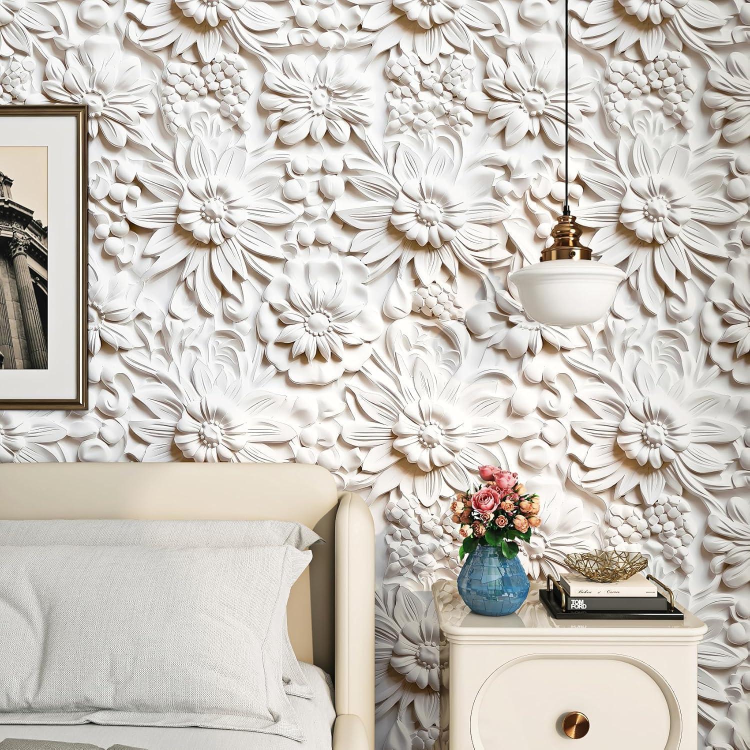 Papel Tapiz Autoadhesivo Floral FunStick 44.5cm x 9m Blanco Crema