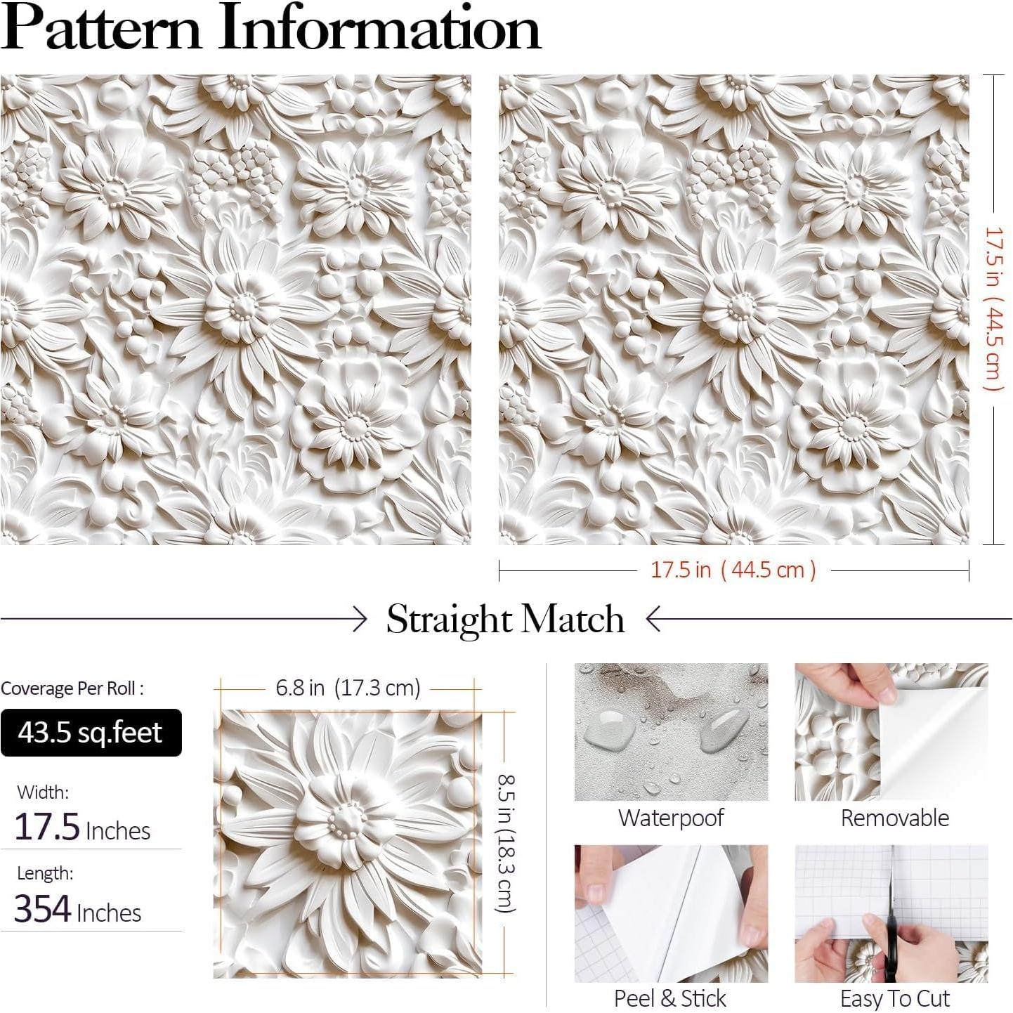 Papel Tapiz Autoadhesivo Floral FunStick 44.5cm x 9m Blanco Crema