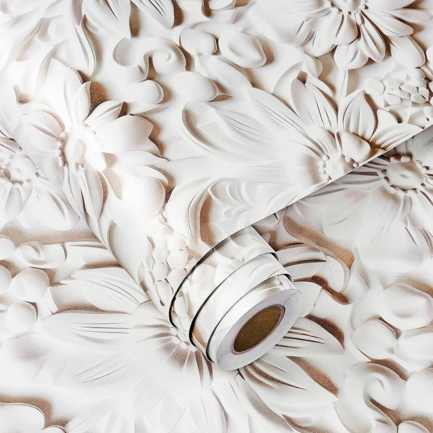 Papel Tapiz Autoadhesivo Floral FunStick 44.5cm x 9m Blanco Crema