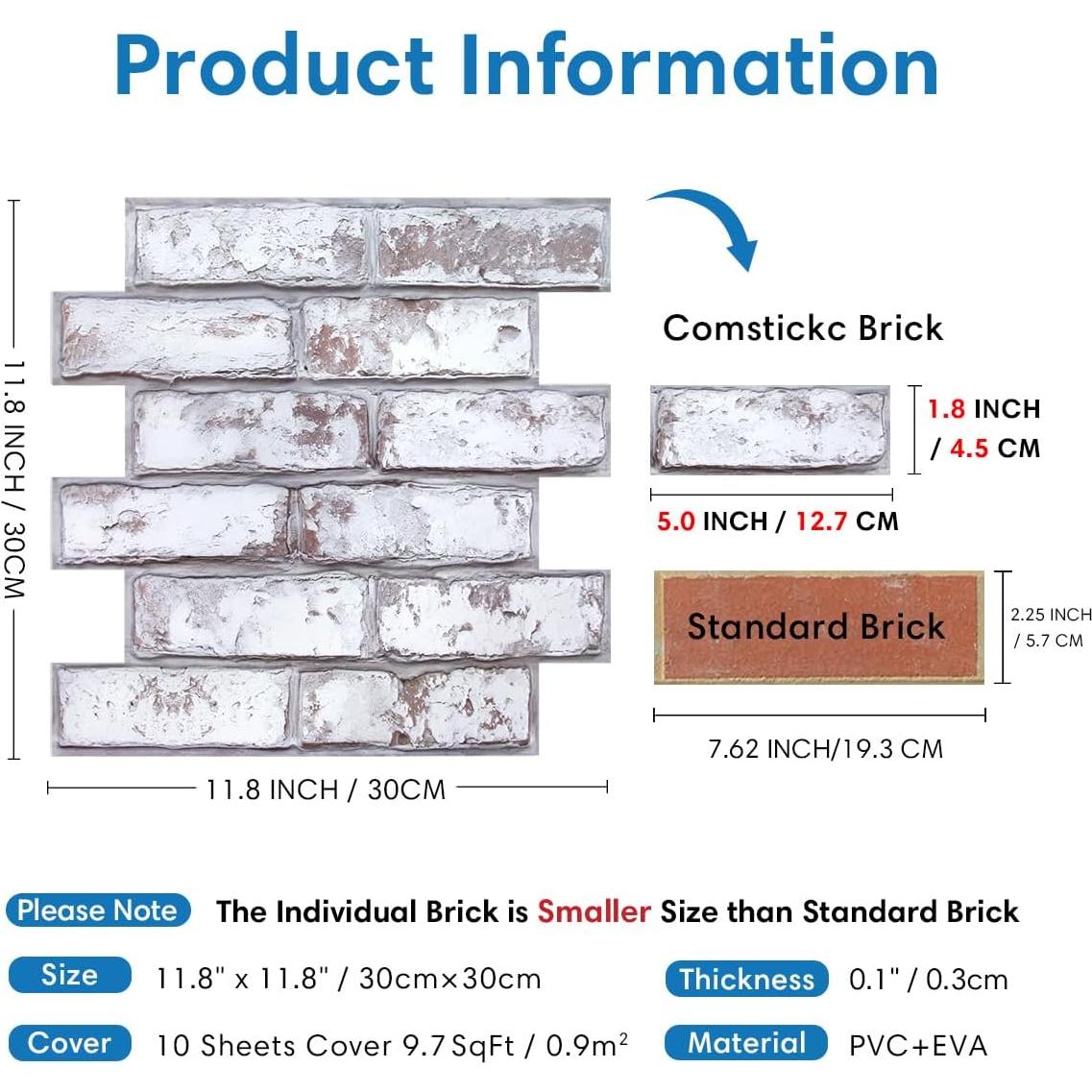 Paneles de Pared 3D Autoadhesivos COMSTICKC Ladrillo Falso 30x30 cm