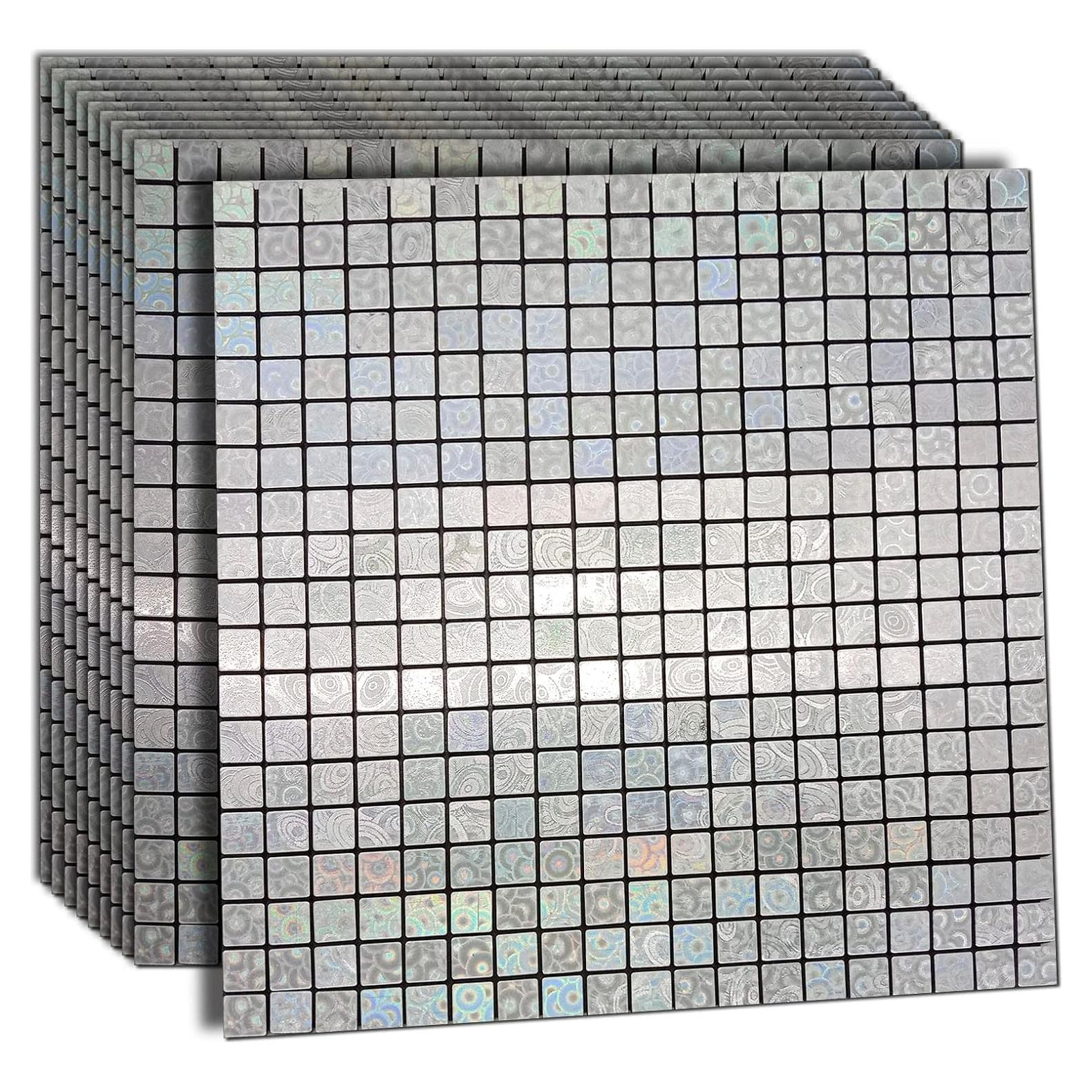 10 Hojas Azulejos Autoadhesivos Aluminio 3D XUANINY Plata 30.48x30.48cm