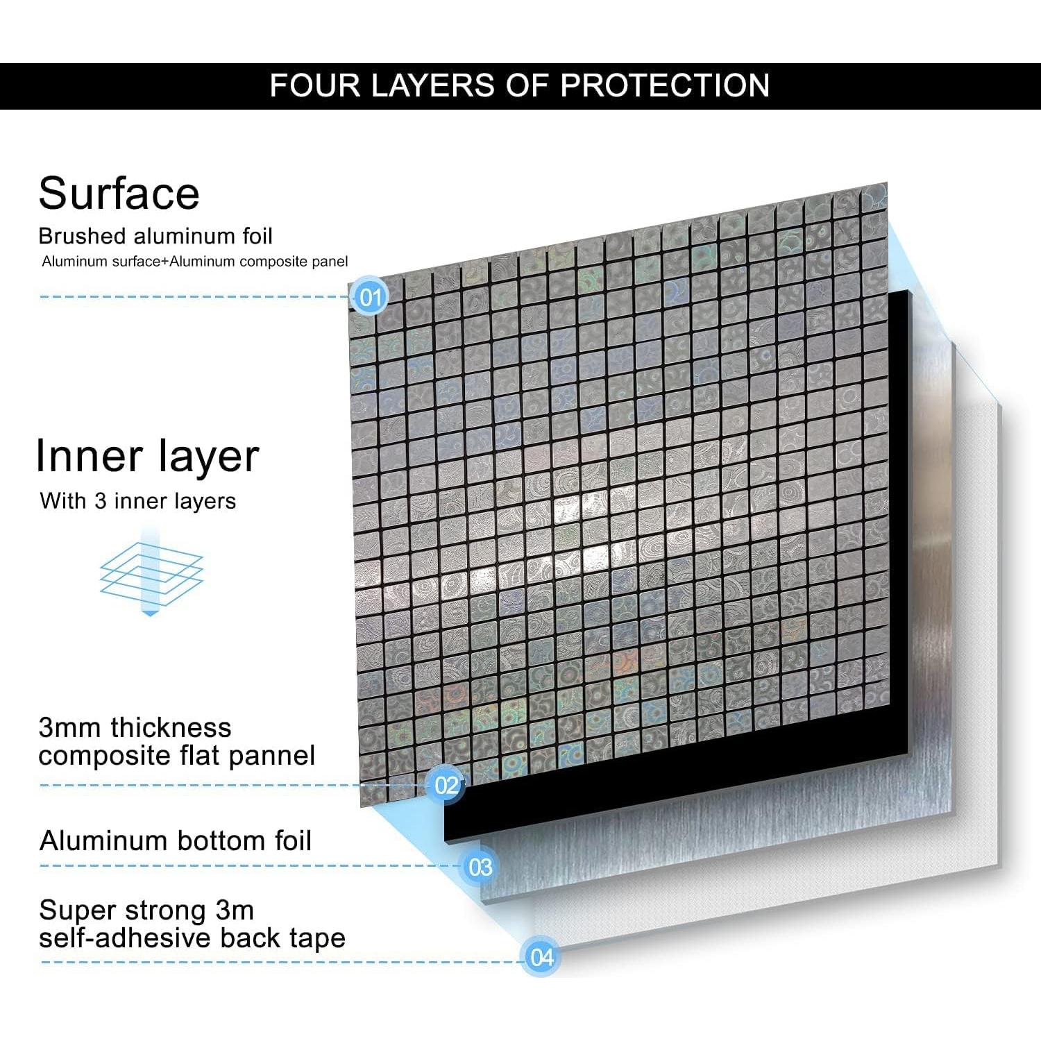 10 Hojas Azulejos Autoadhesivos Aluminio 3D XUANINY Plata 30.48x30.48cm