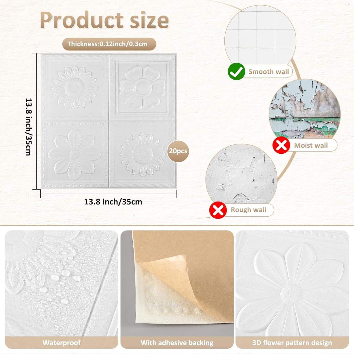 20 Azulejos de Espuma Autoadhesivos 3D Nuanchu 35x35 cm Blancos