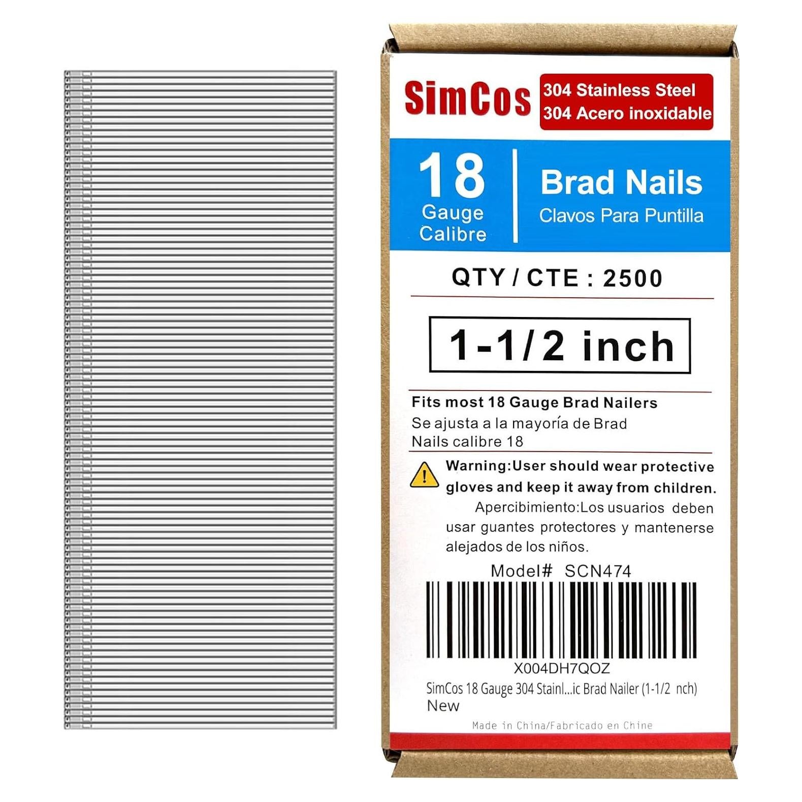 Clavos de Brad Acero Inoxidable 304 18 GA 3.81 cm SimCos