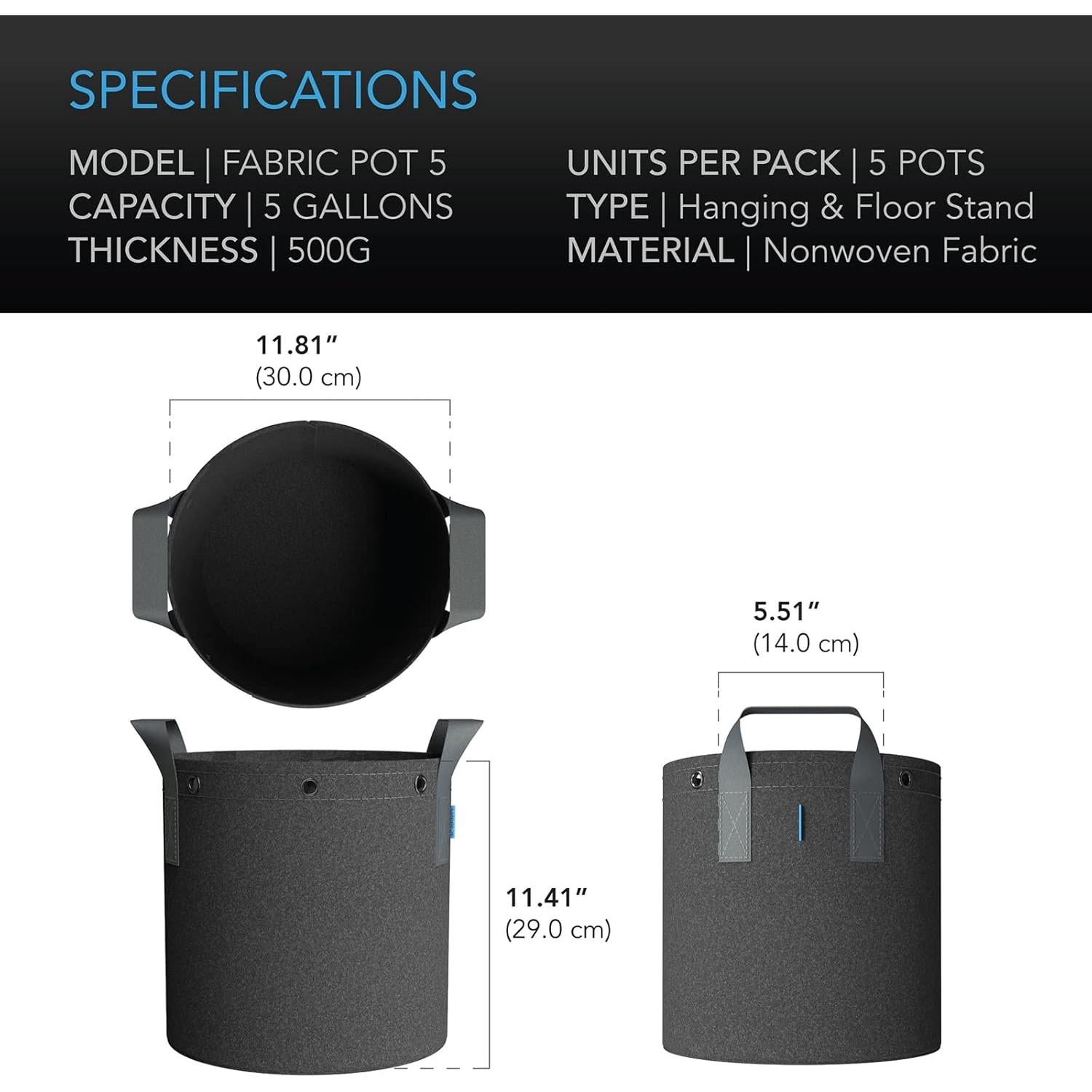 Bolsas de Cultivo de Tela AC Infinity 5 Galones Paquete de 5