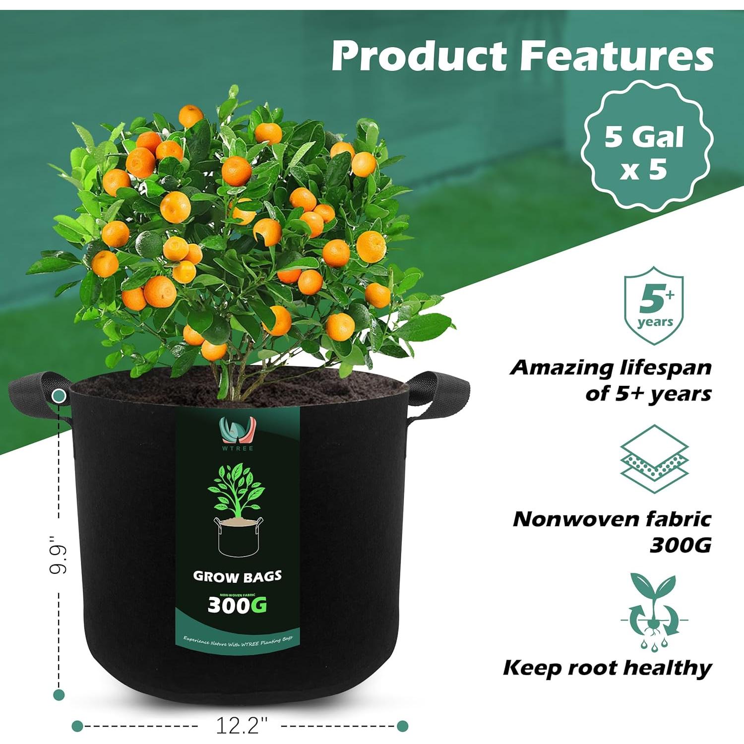 Paquete de 5 Bolsas de Cultivo WTREE 19L Tela No Tejida