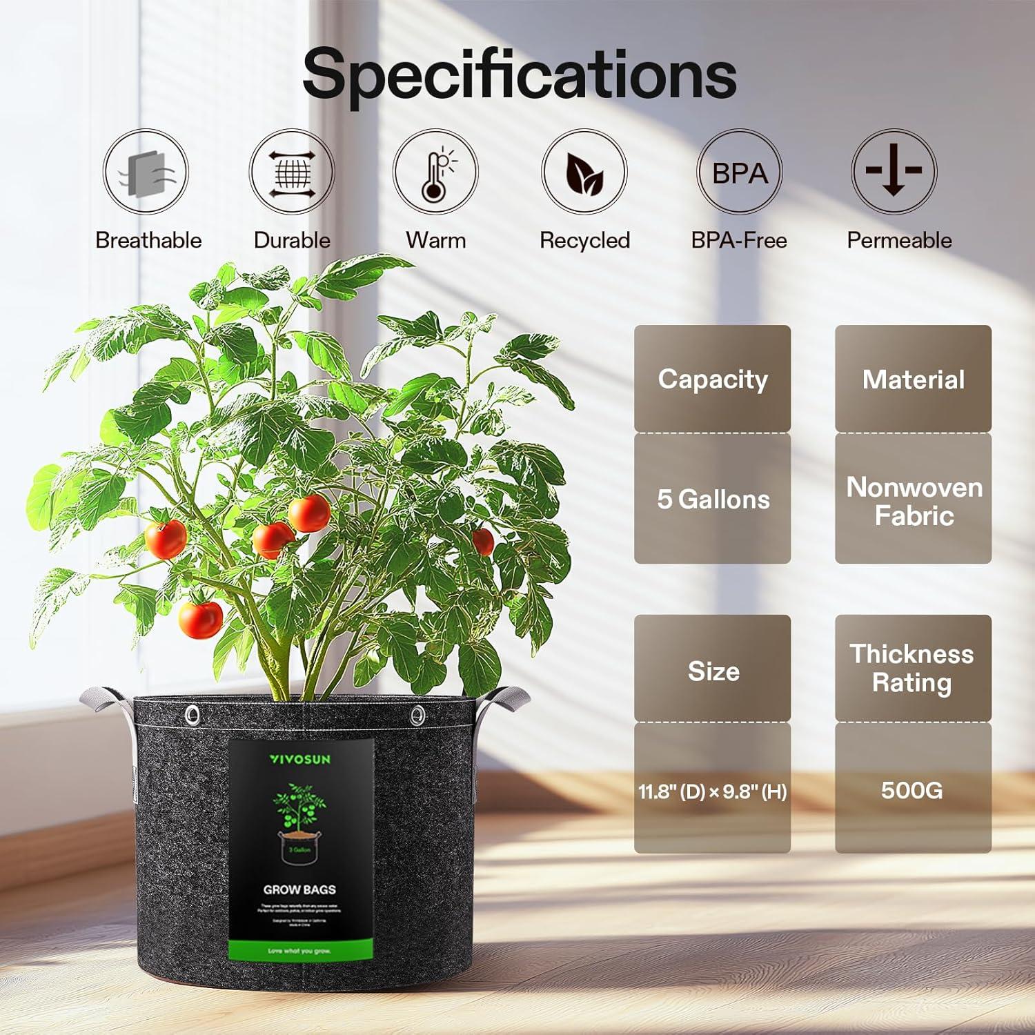 Bolsas de Cultivo VIVOSUN 5 Galones Tela No Tejida 5 Piezas