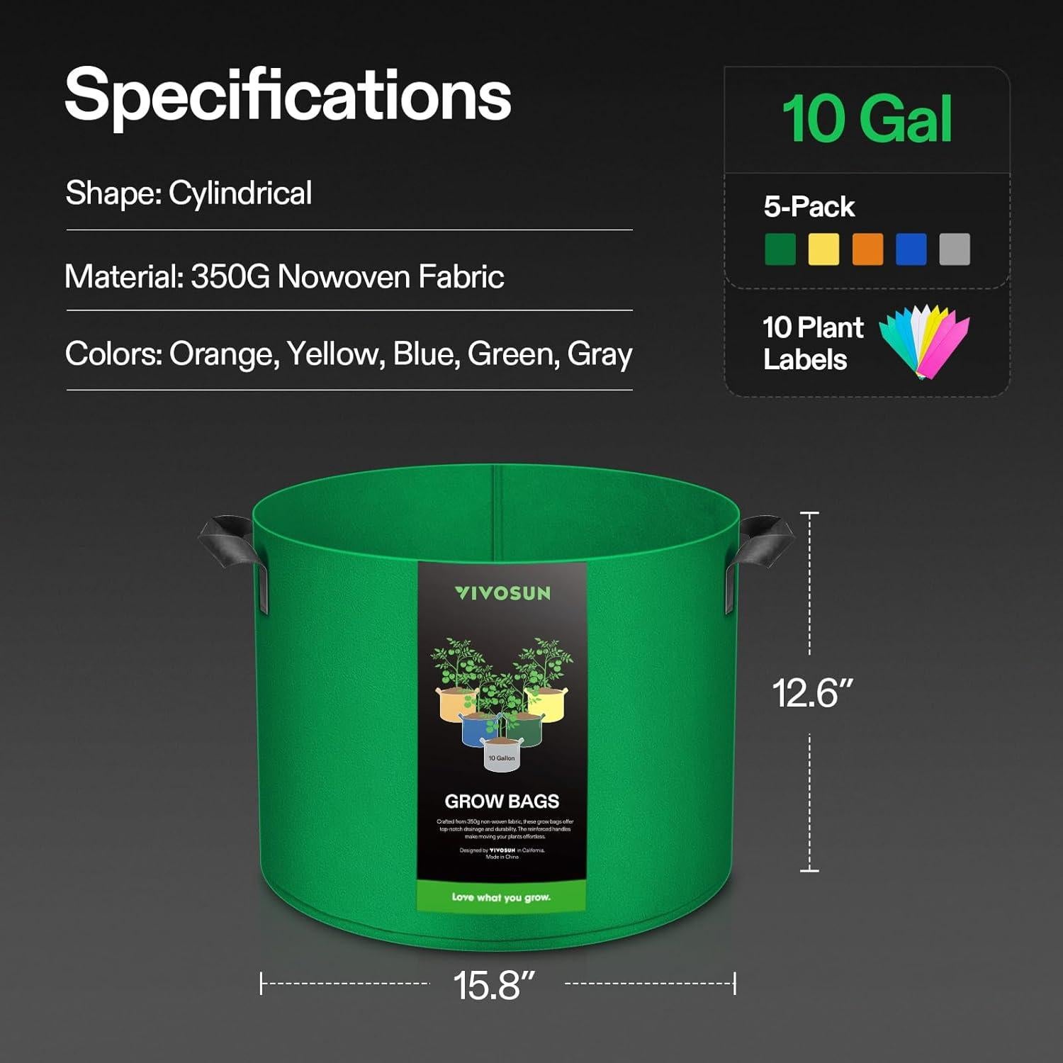 Bolsas de Cultivo VIVOSUN 10 Galones 5 Piezas Coloridas
