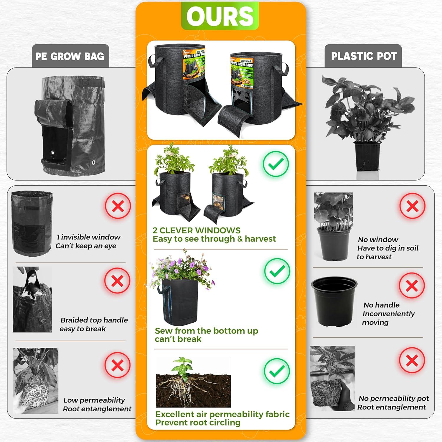 Bolsas de Cultivo de Papas PAMAZY 15 Galones con Ventanas