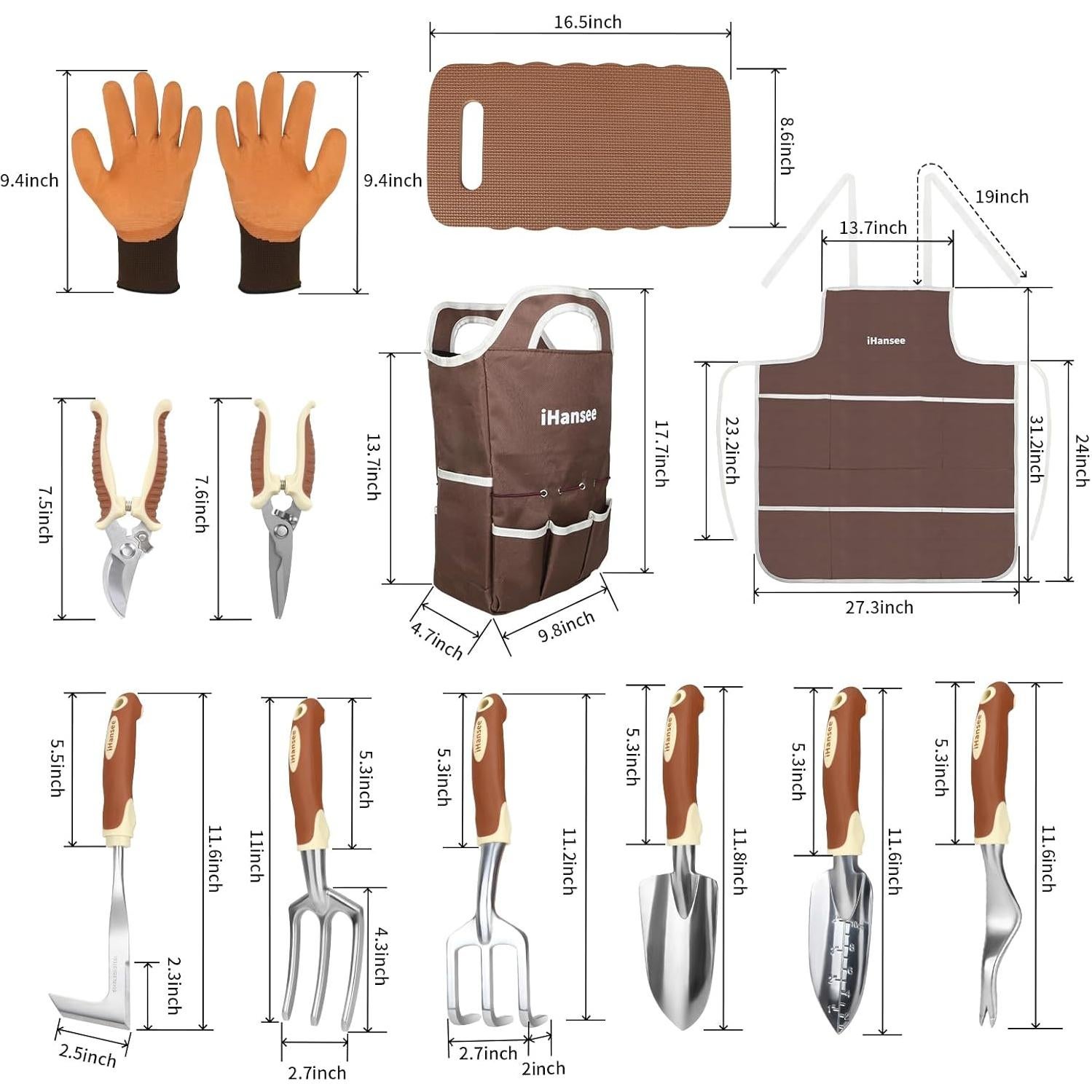 Juego de Herramientas de Jardinería iHansee Marrón 12 Piezas