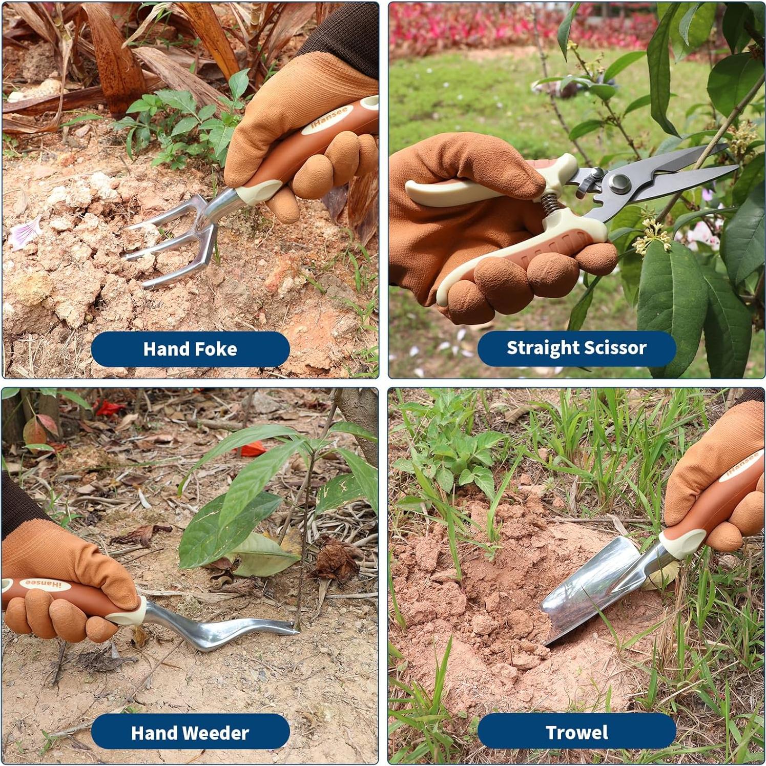 Juego de Herramientas de Jardinería iHansee Marrón 12 Piezas