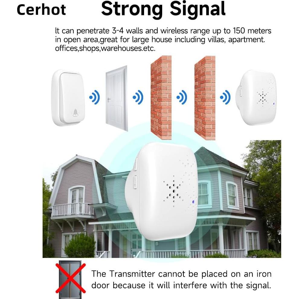 Timbre Inalámbrico Autoalimentado Cerhot 100m 38 Tonos Impermeable