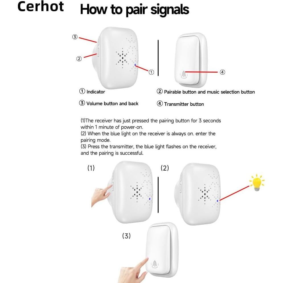 Timbre Inalámbrico Autoalimentado Cerhot 100m 38 Tonos Impermeable