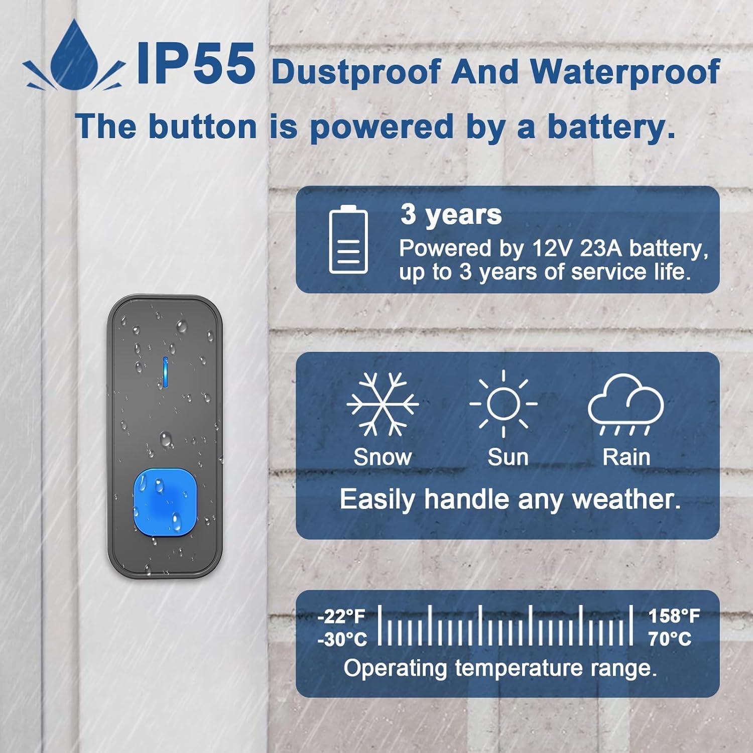Timbre Inalámbrico SURFOU con 3 Receptores y 2 Botones IP55