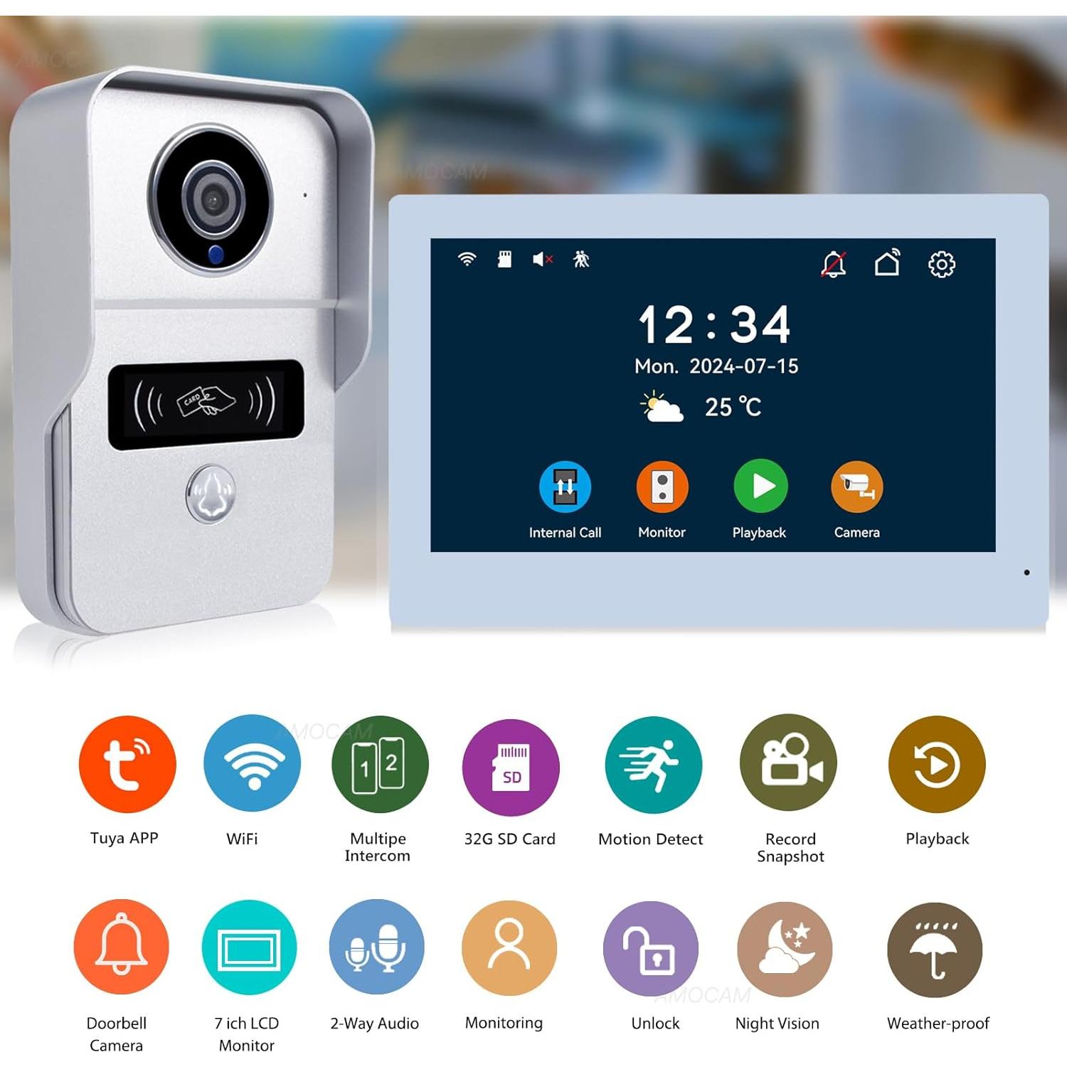 Intercomunicador de Video 7" AMOCAM 1080P WiFi 2 Hilos