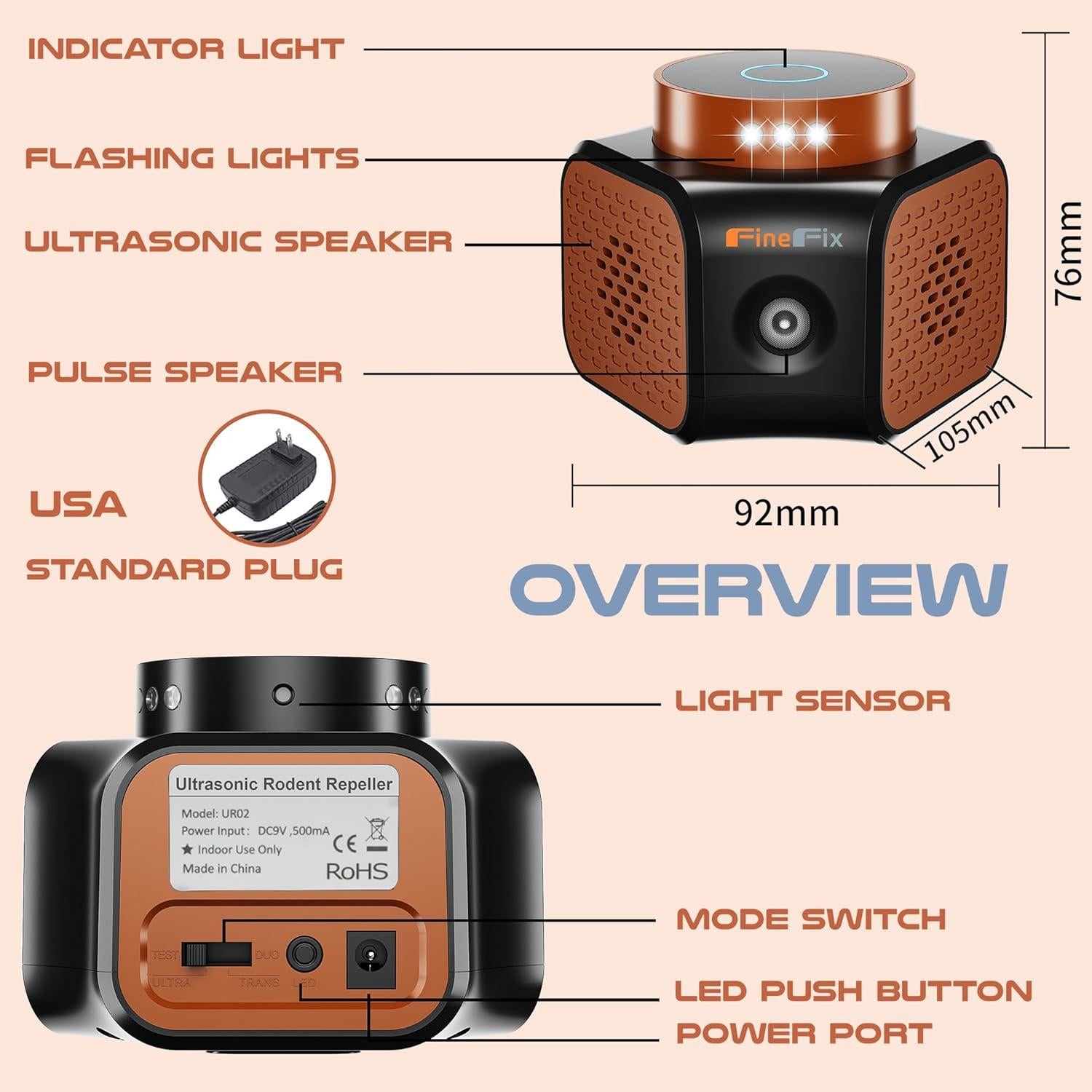 Repelente Ultrasonico FineFix UR25 para Ratones 360° 1 Unidad