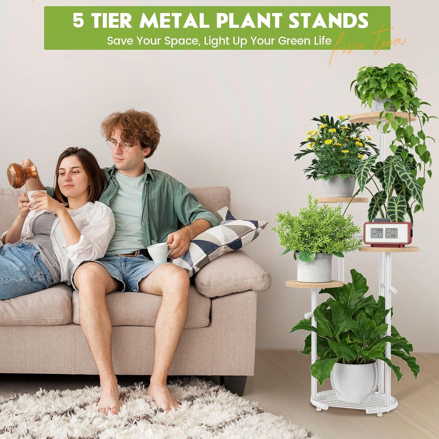 Soporte para Plantas TOSKING 5 Niveles Metal Blanco y Madera 106.68 cm