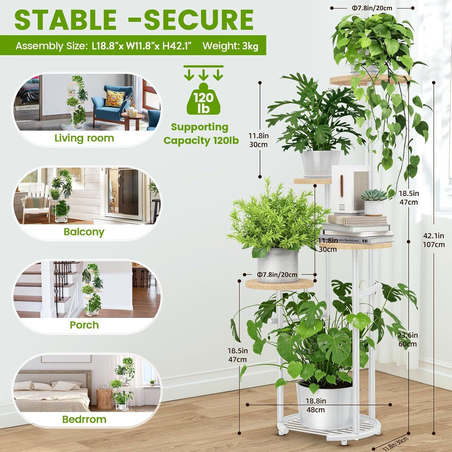 Soporte para Plantas TOSKING 5 Niveles Metal Blanco y Madera 106.68 cm