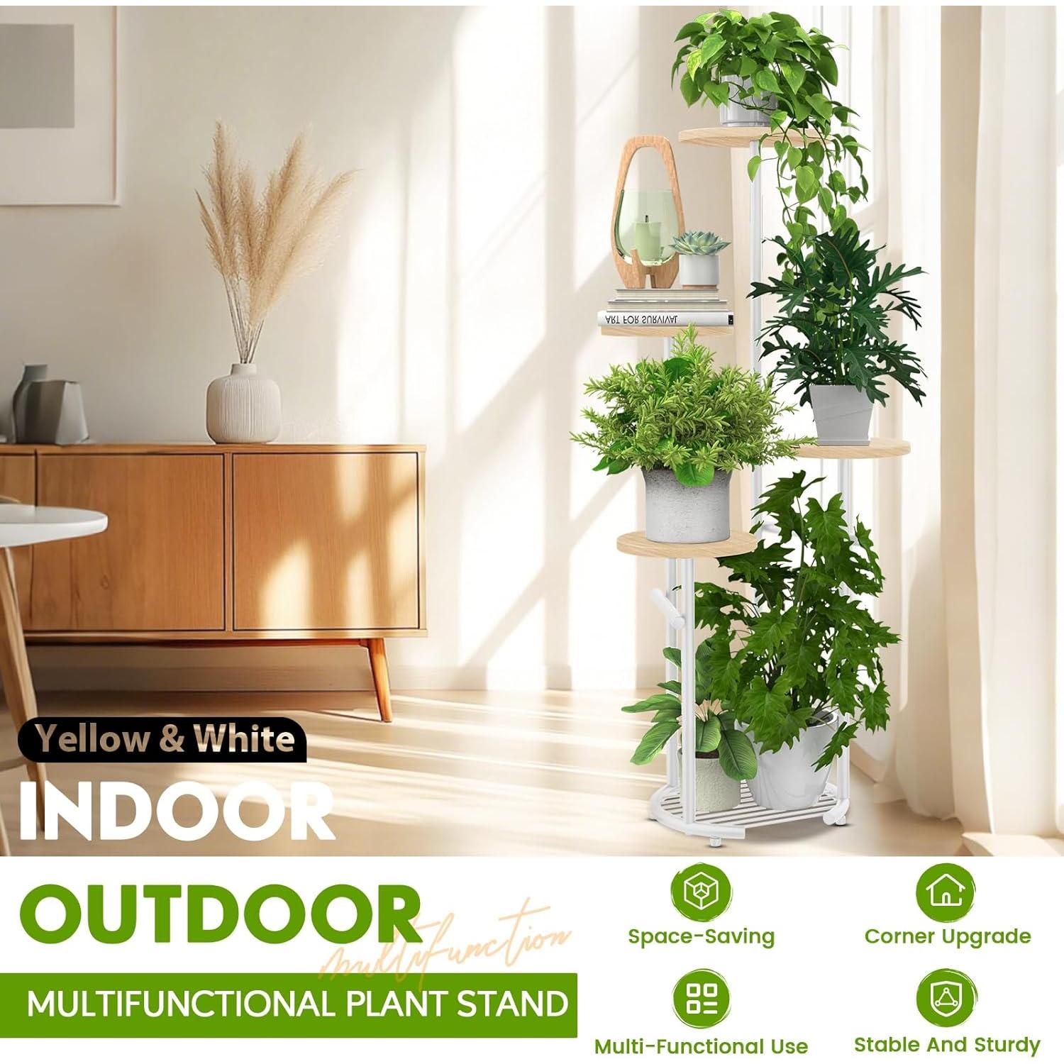 Soporte para Plantas TOSKING 5 Niveles Metal Blanco y Madera 106.68 cm