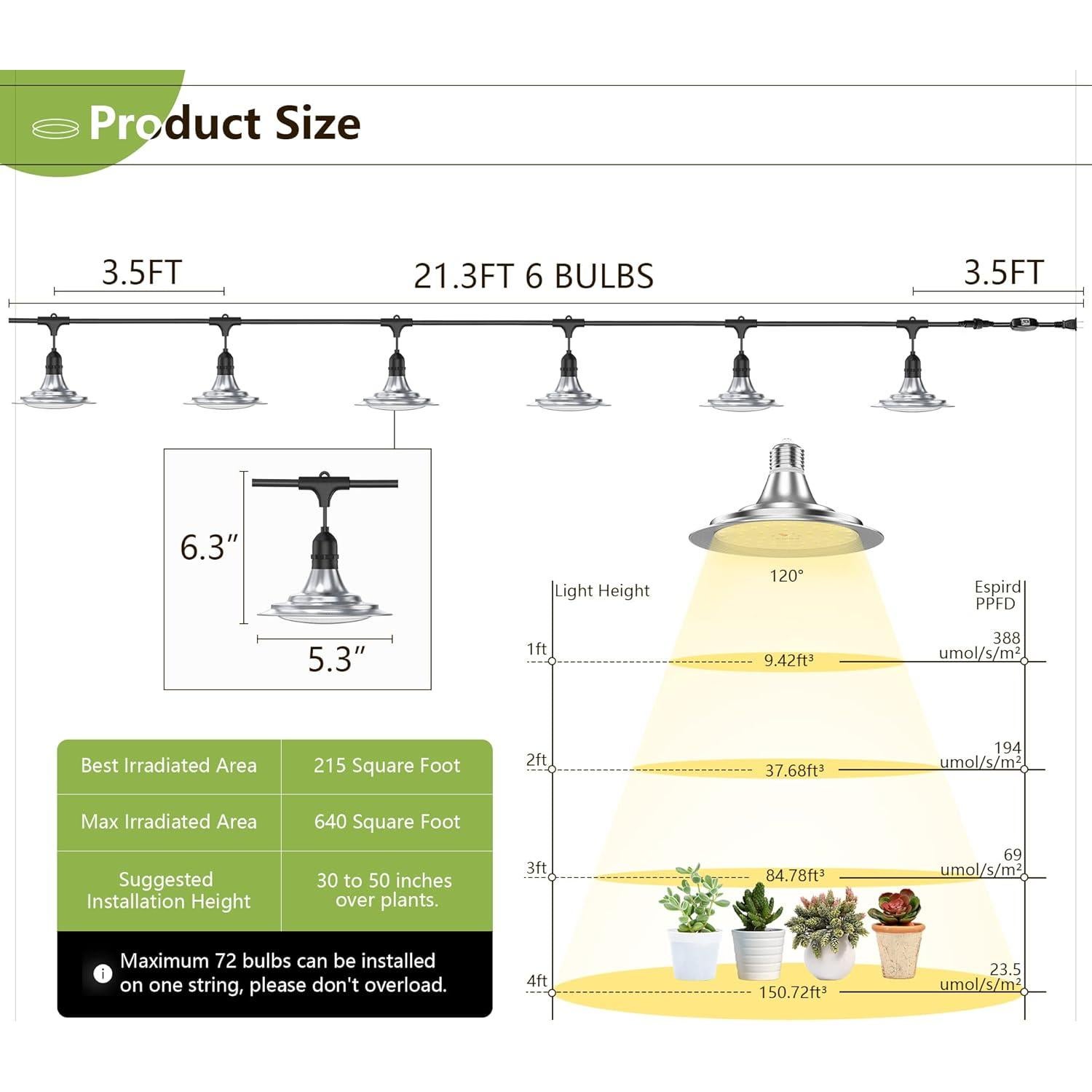 Luz de Cultivo LED Espird 6 Bombillas 21.3FT Impermeable