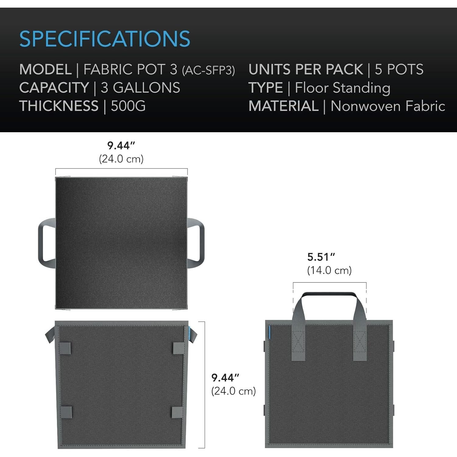Macetas de Tela Reutilizables AC Infinity 3 Galones Paquete de 5