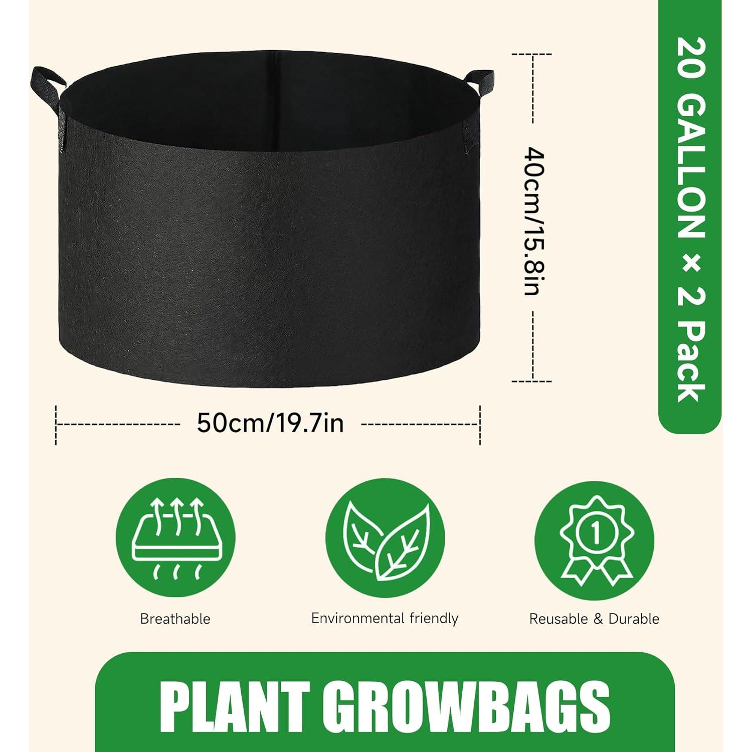 Paquete de 2 bolsas de cultivo FVOTNW 20 galones transpirables