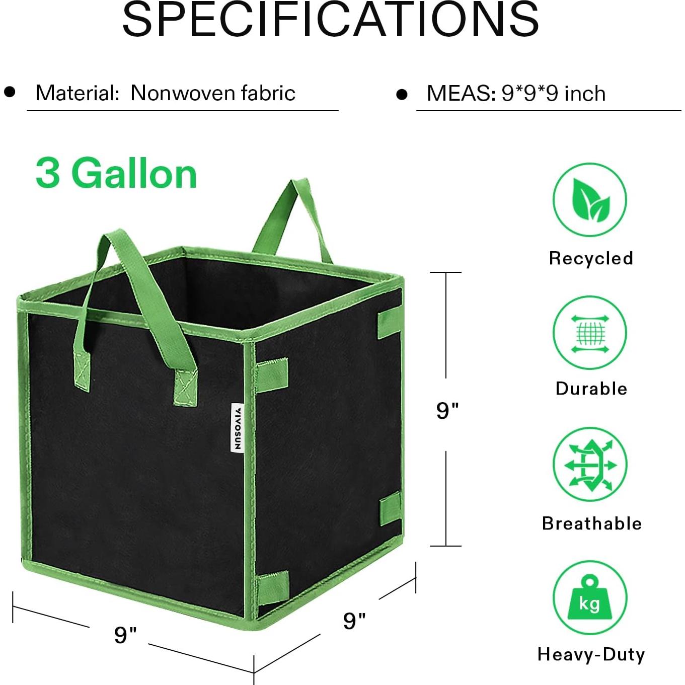 Bolsas de Cultivo Cuadradas VIVOSUN 3 Galones 5 Piezas
