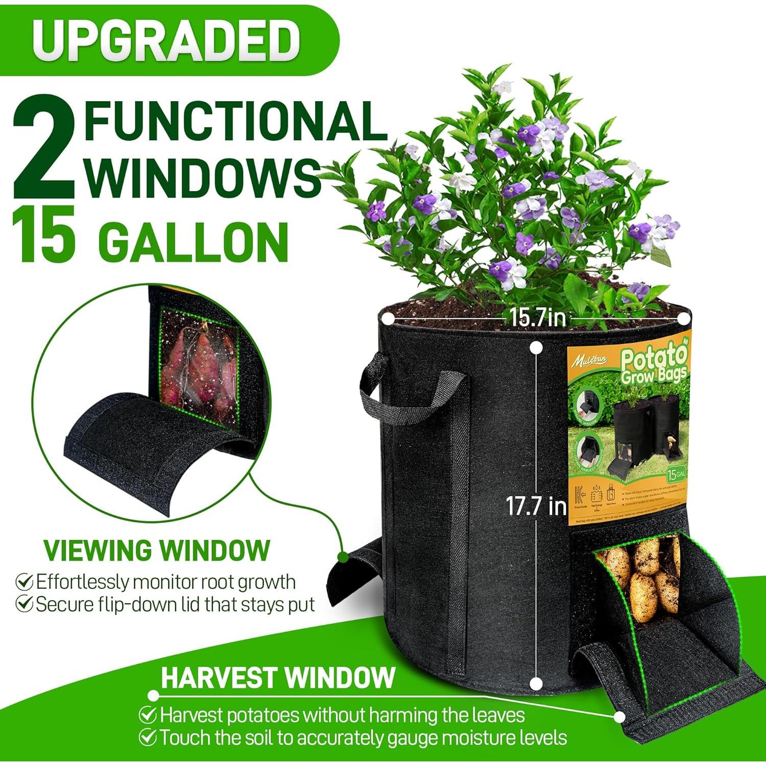 4 Bolsas de Cultivo de 56.8 L Mulctun con Ventanas de Cosecha
