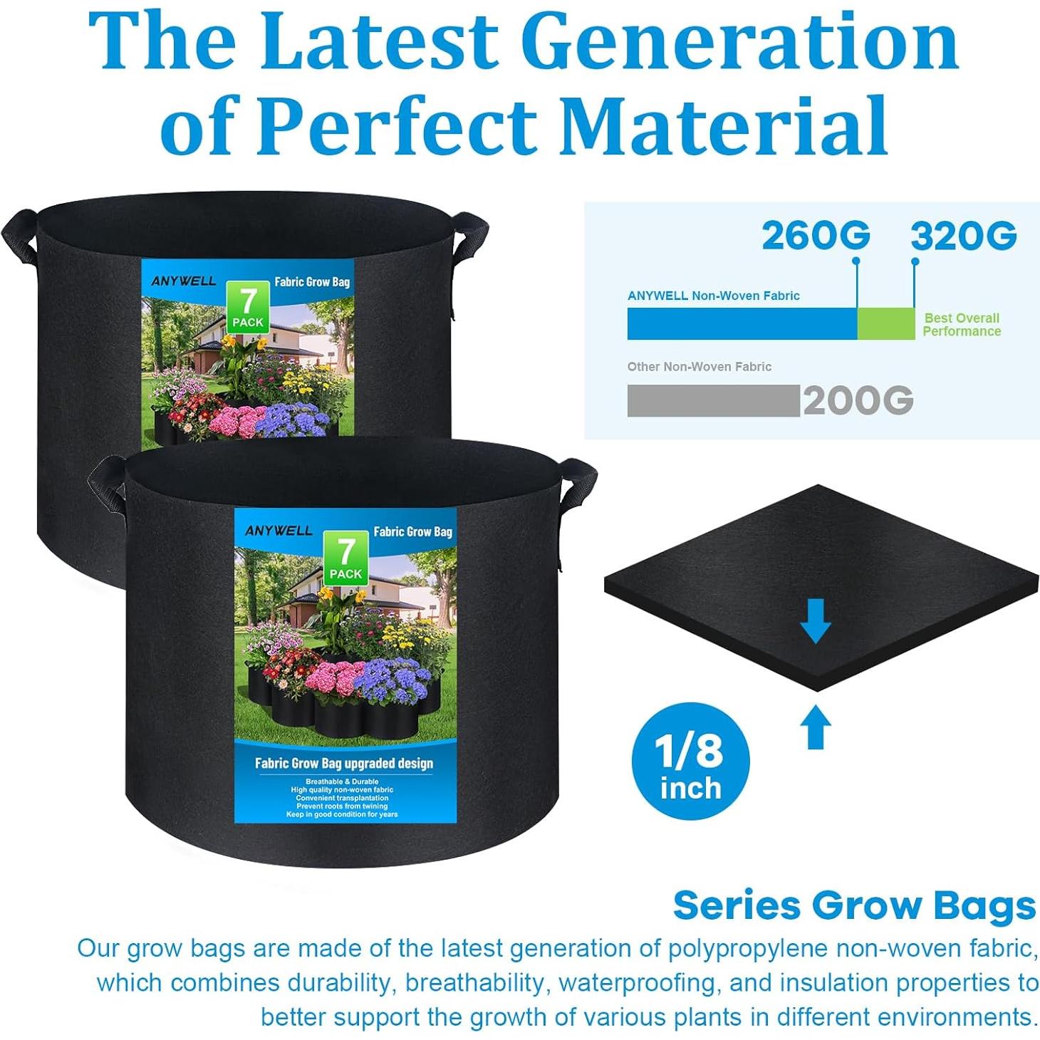 Paquete de 7 bolsas de cultivo de tela 15 galones ANYWELL