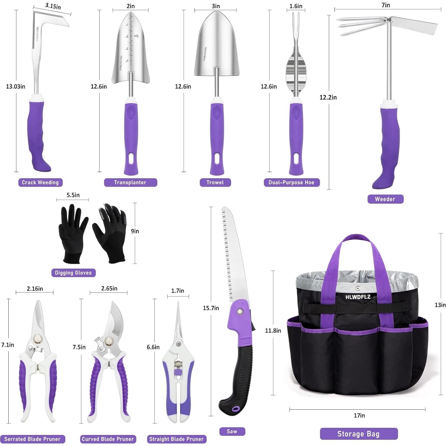 Juego de Herramientas de Jardinería Morado HLWDFLZ - 11 Piezas