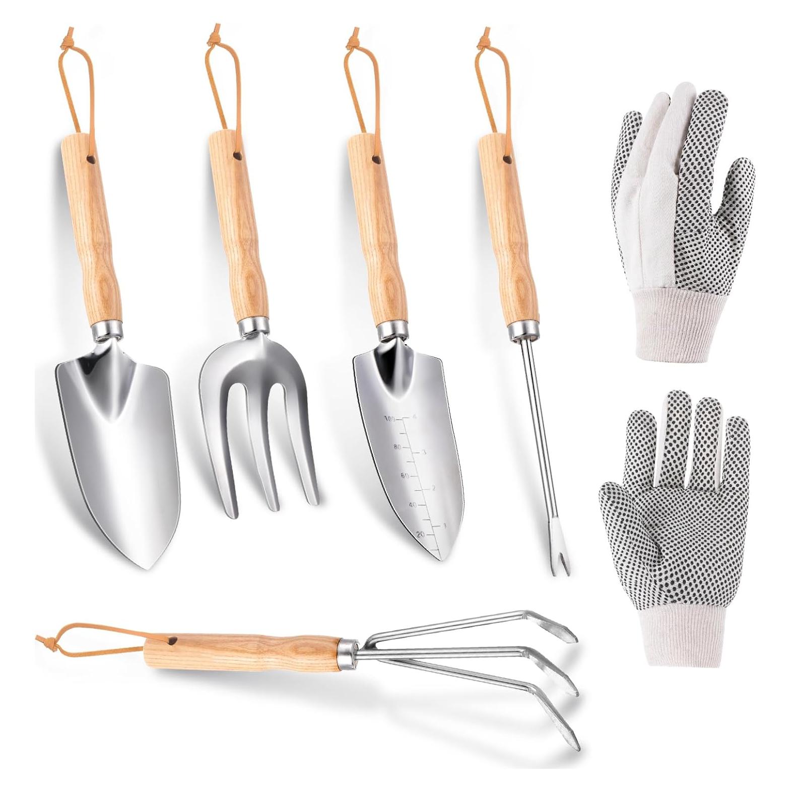 Juego de Herramientas de Jardín 6 Piezas Acero Inoxidable Madera