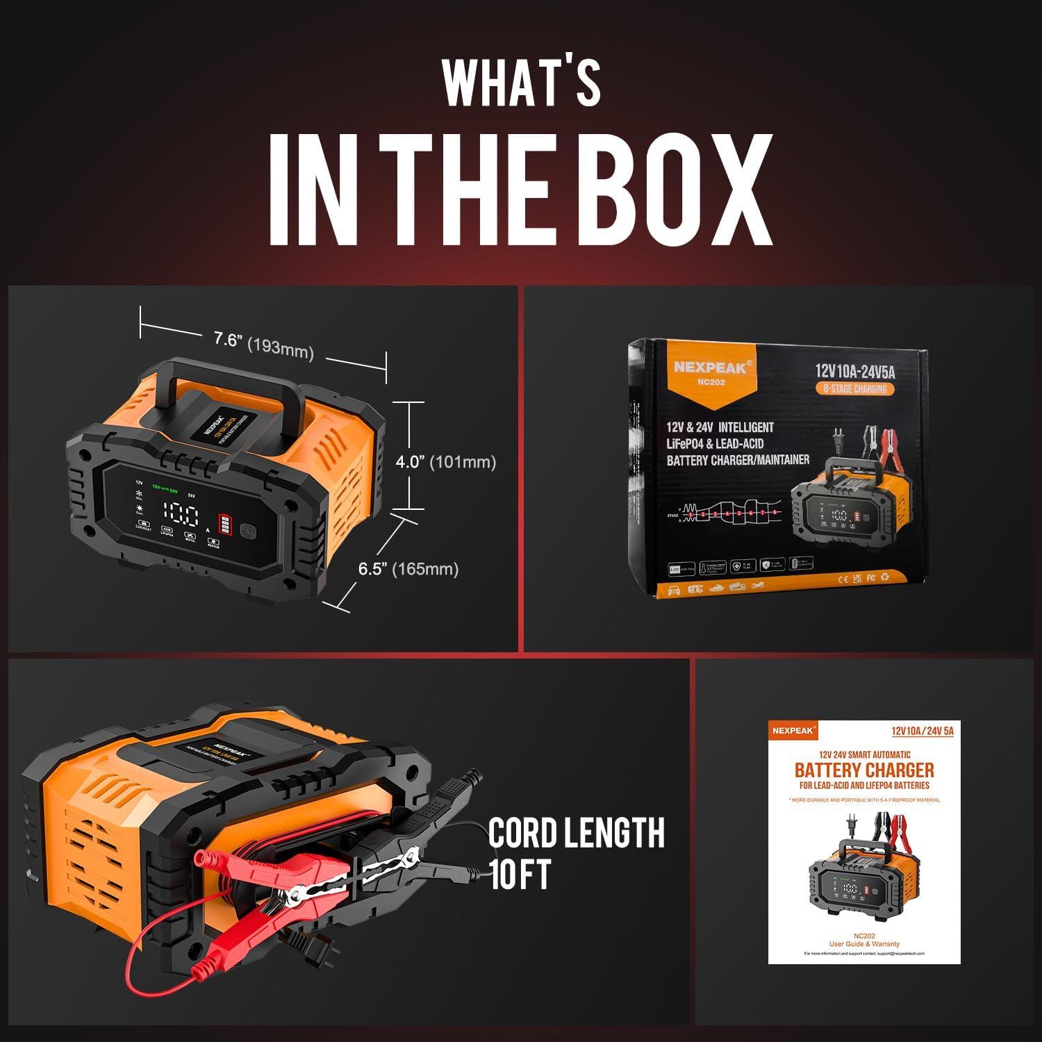 Cargador de Batería NEXPEAK NC202 10A 12V 24V 8 Etapas