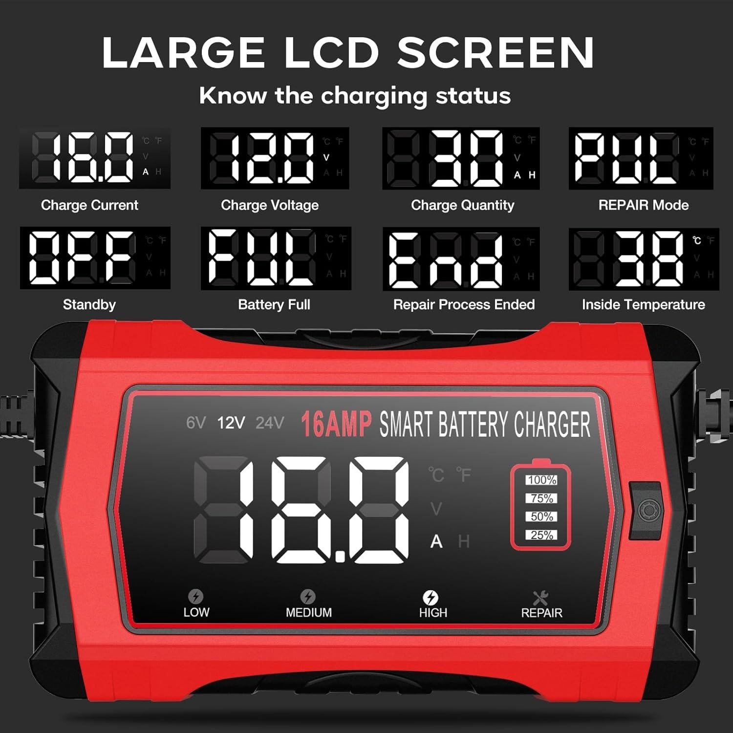 Cargador de Batería Inteligente YHCHKJ 16A 6V/12V/24V