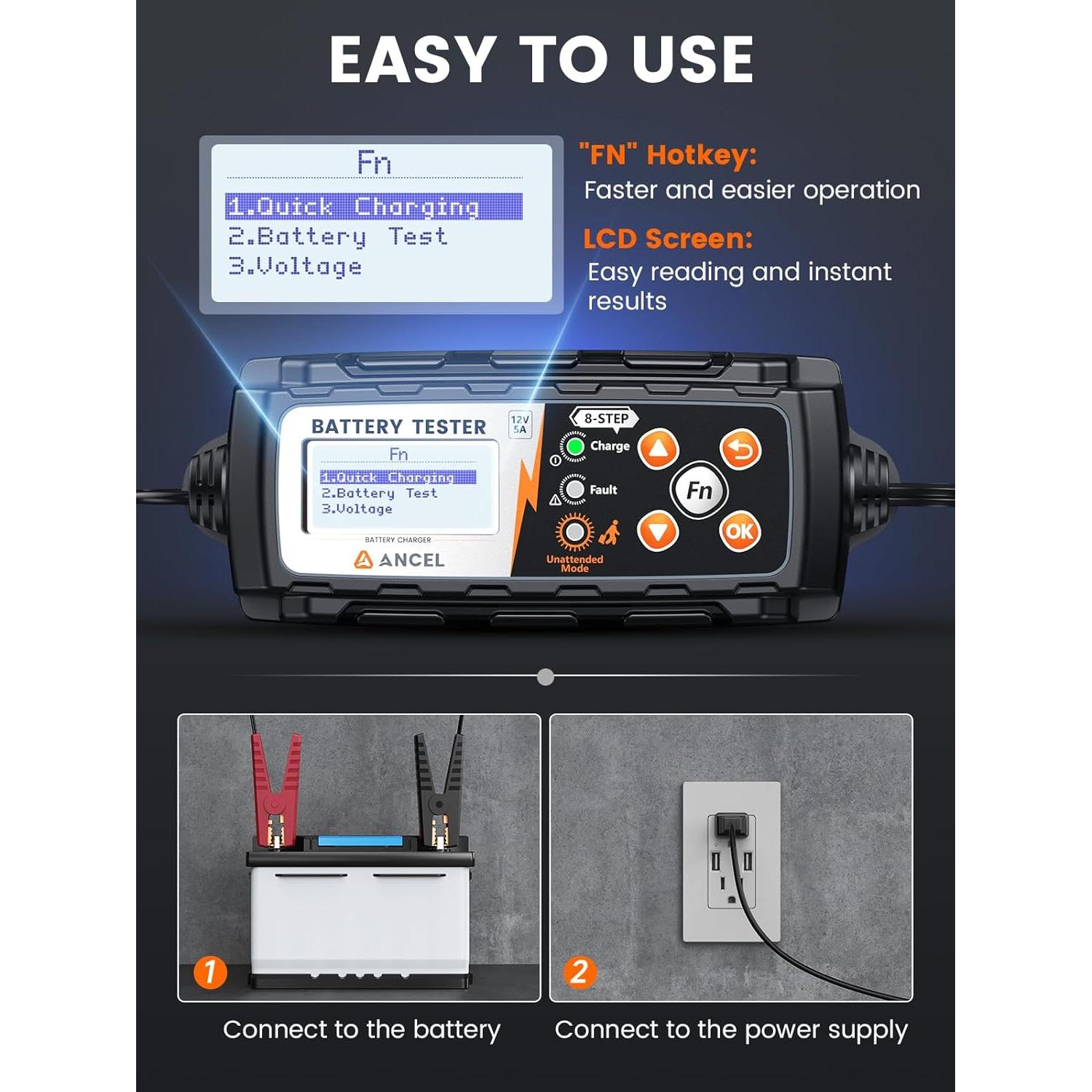 Cargador de Batería ANCEL BT521 3-en-1 12V con Pantalla LCD