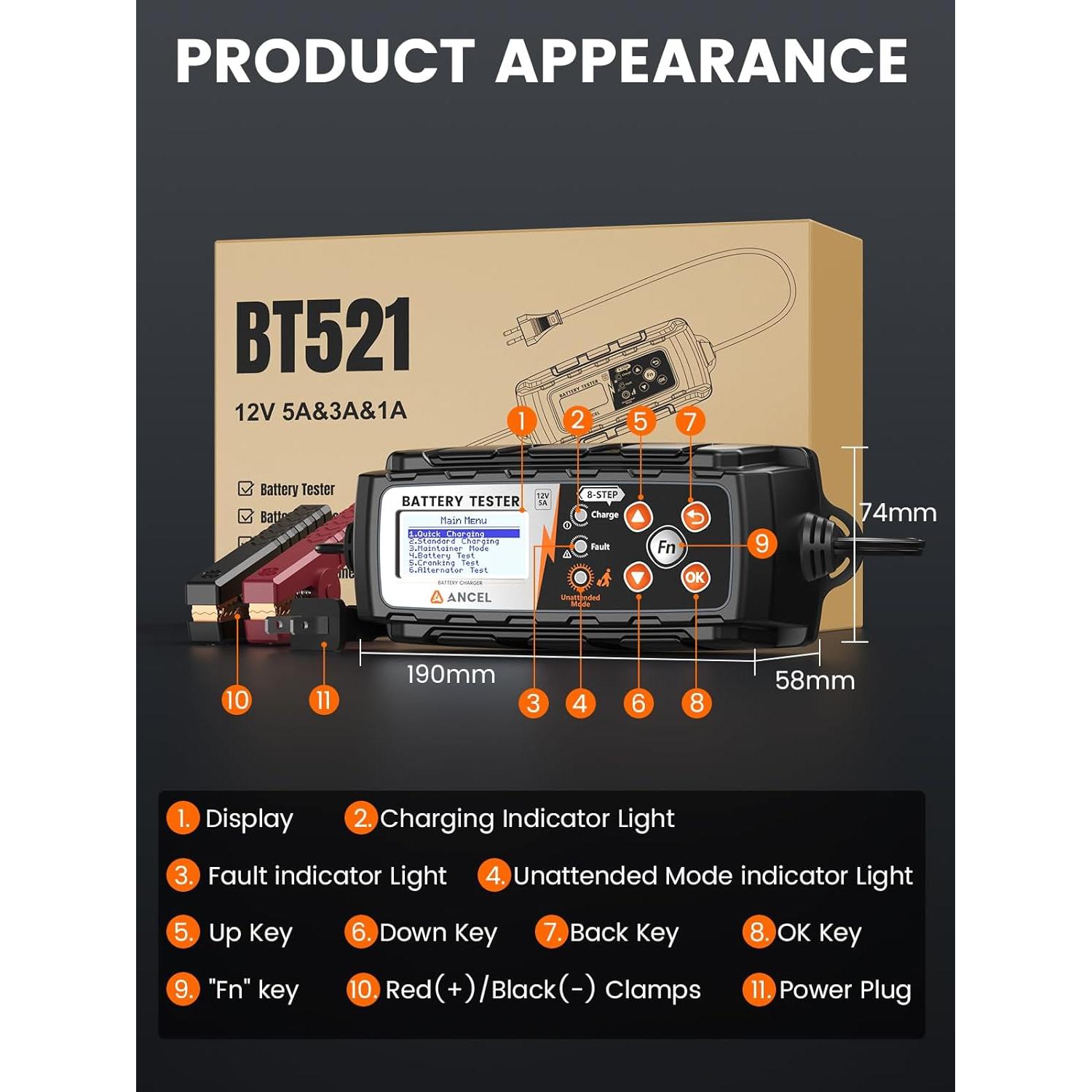 Cargador de Batería ANCEL BT521 3-en-1 12V con Pantalla LCD