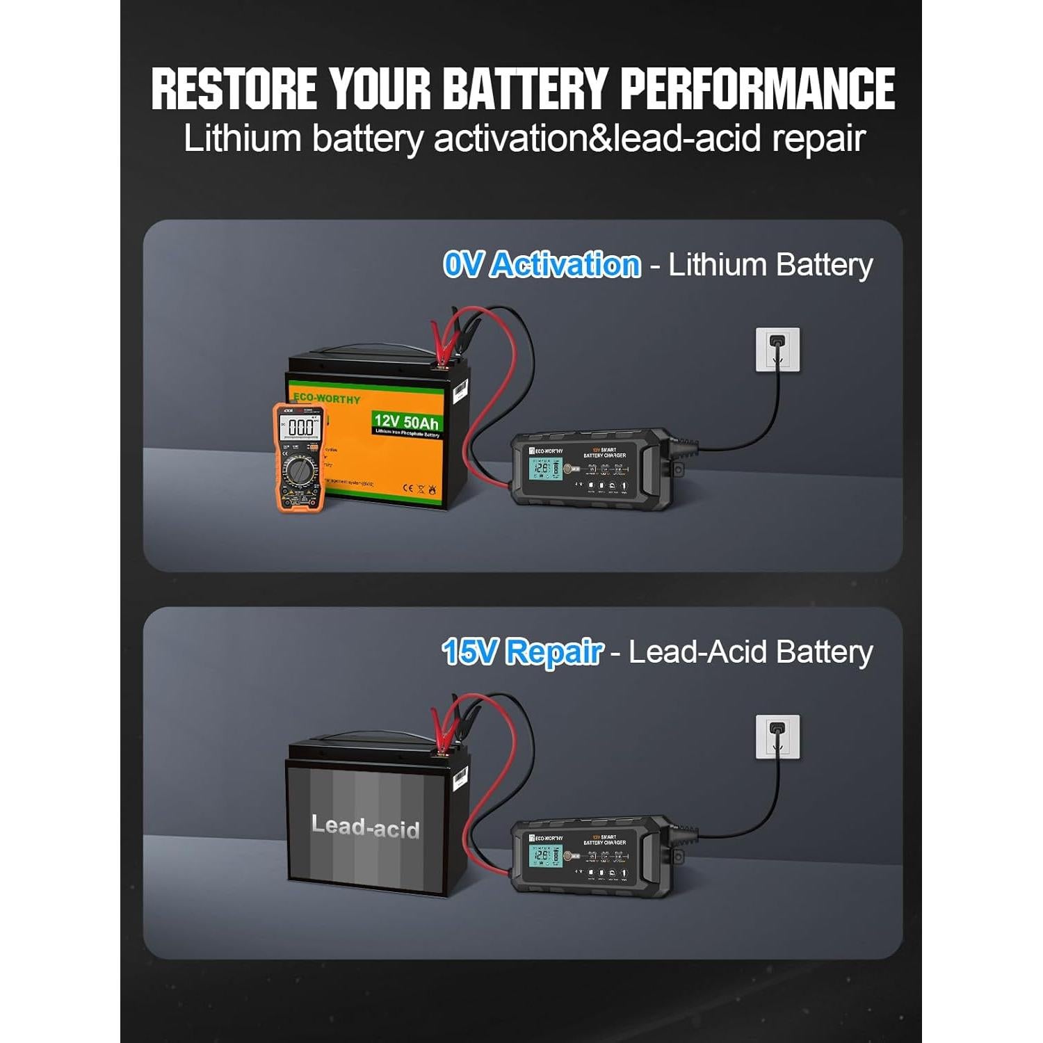 Cargador de Batería ECO-WORTHY 12V 10A Inteligente y Desulfatador